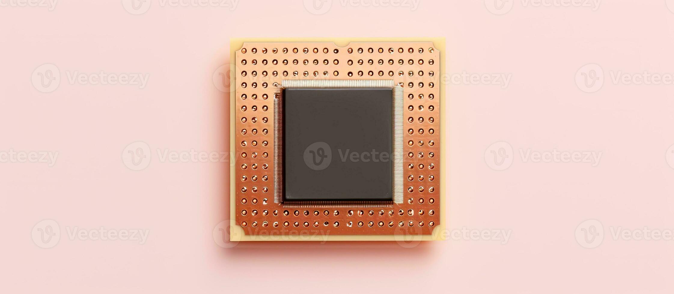Photo of a pink micro processor chip on a blank background with copy space