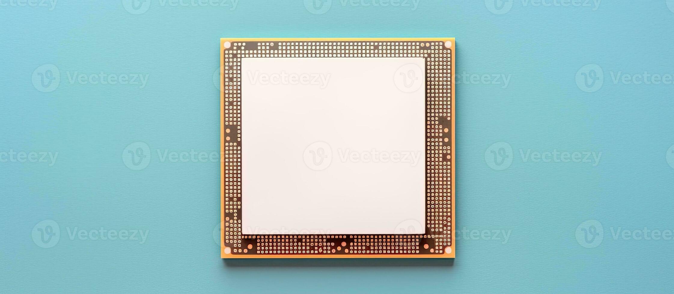 Photo of a computer chip on a blue background with plenty of space for text or other elements with copy space