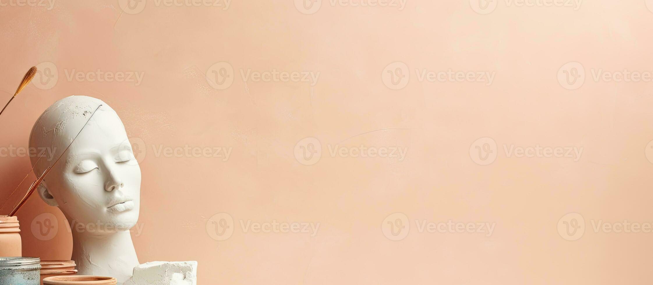 Photo of a white head sculpture displayed on a shelf with copy space