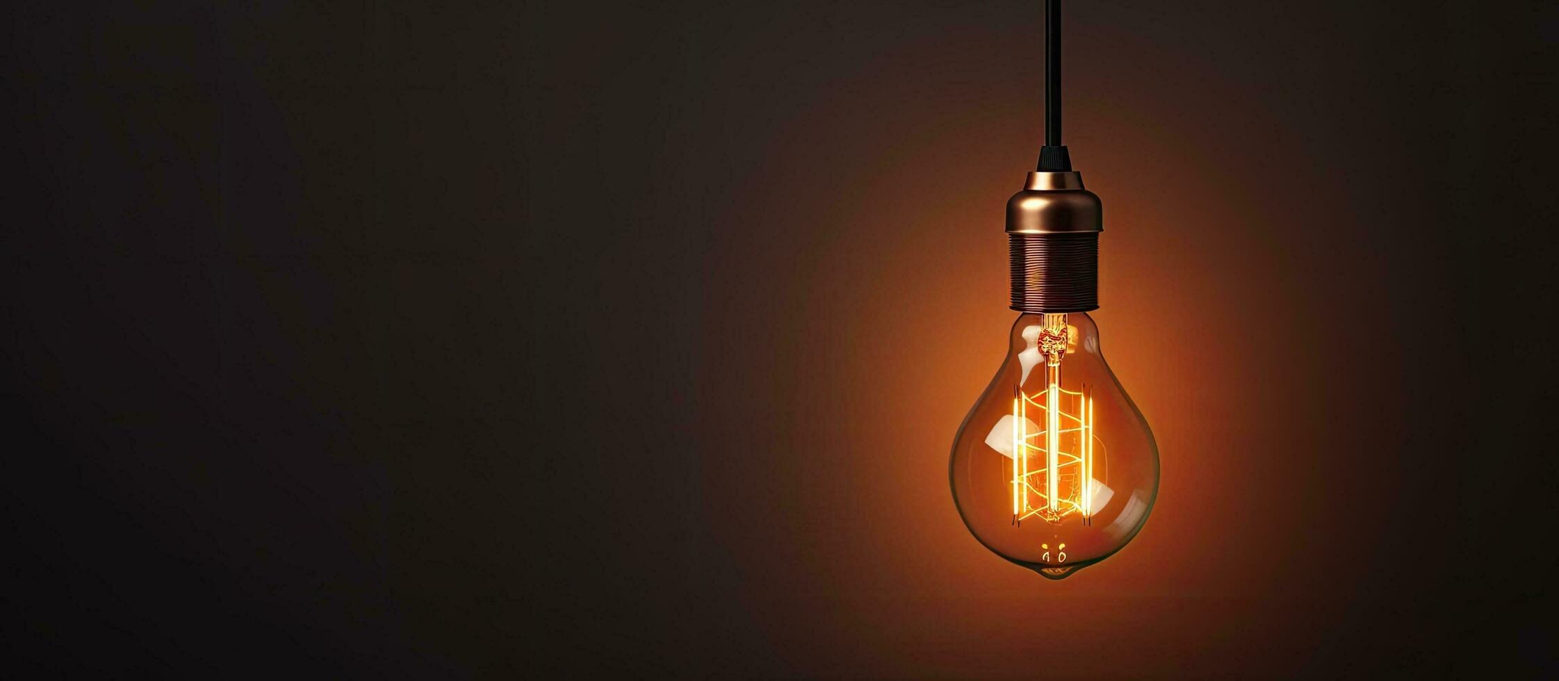 Photo of a hanging light bulb against a black background with empty space for text with copy space