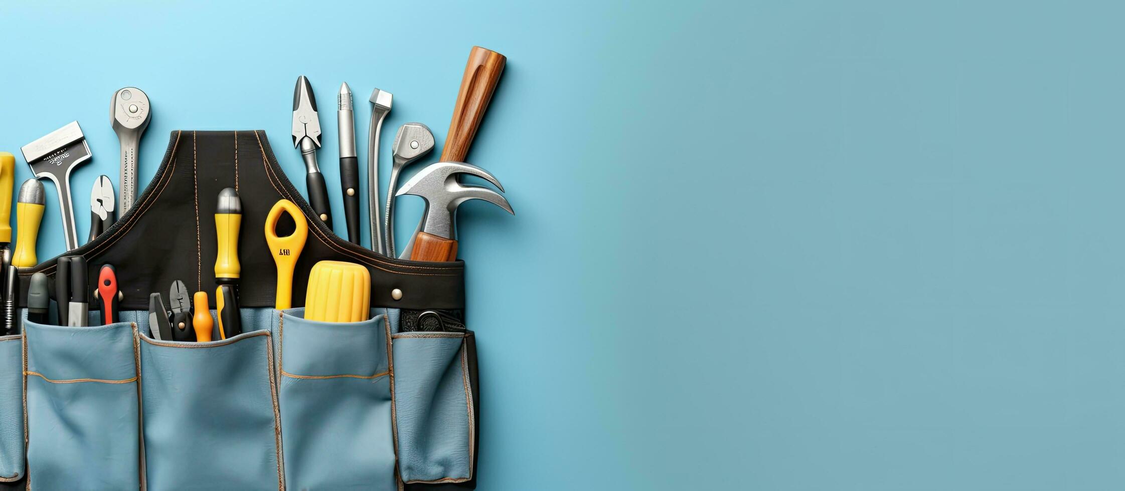 Photo of a tool belt filled with various tools on a vibrant blue background with copy space
