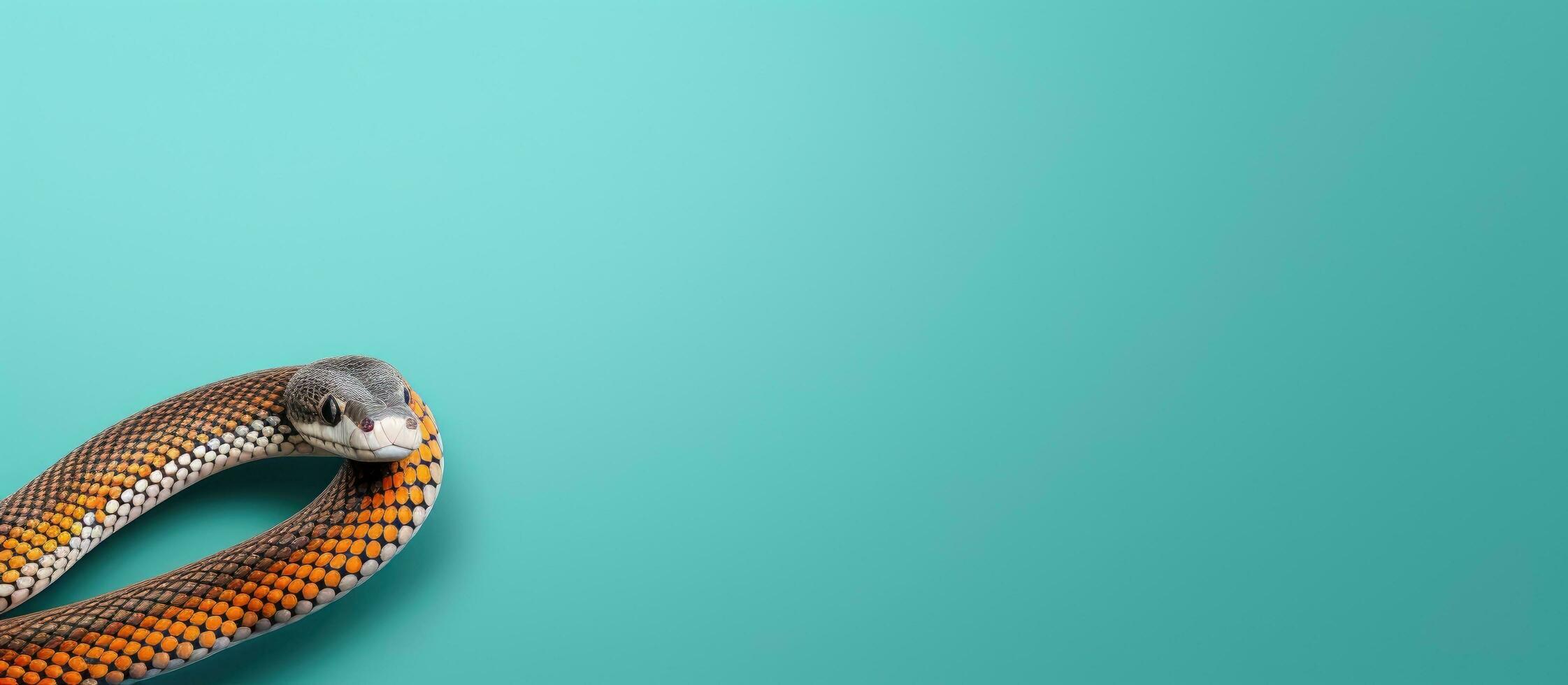 Photo of a brown snake against a vibrant blue background with plenty of copy space with copy space