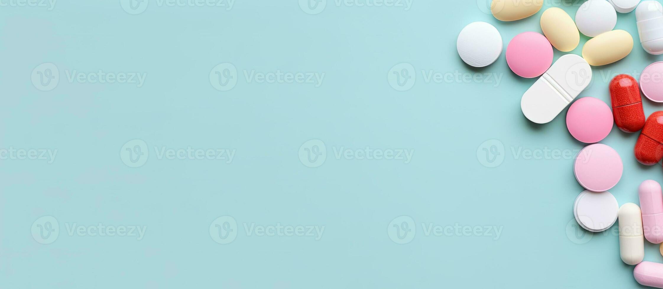 Photo of a stack of pills on a vibrant blue table surface with empty space for text or graphics with copy space