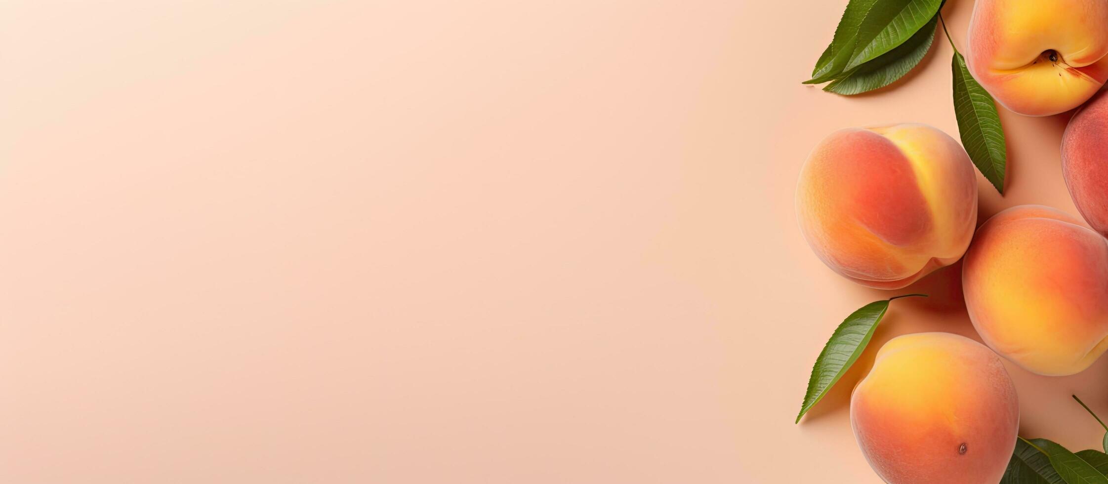 Photo of a vibrant arrangement of fresh peaches on a soft pink background with copy space
