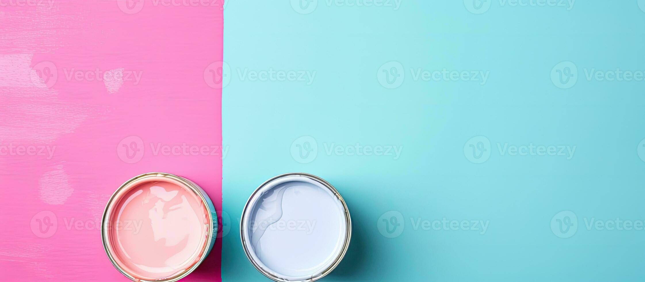 Photo of paint cans on colorful wall with copy space with copy space