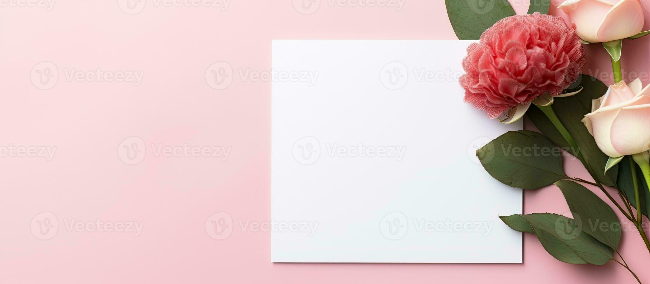 Photo of a white paper with pink flowers on a pink background, with space for text or other elements with copy space
