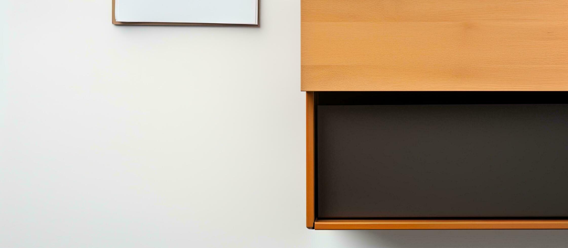 Photo of a wooden cabinet with a black drawer underneath it, providing ample storage space with copy space