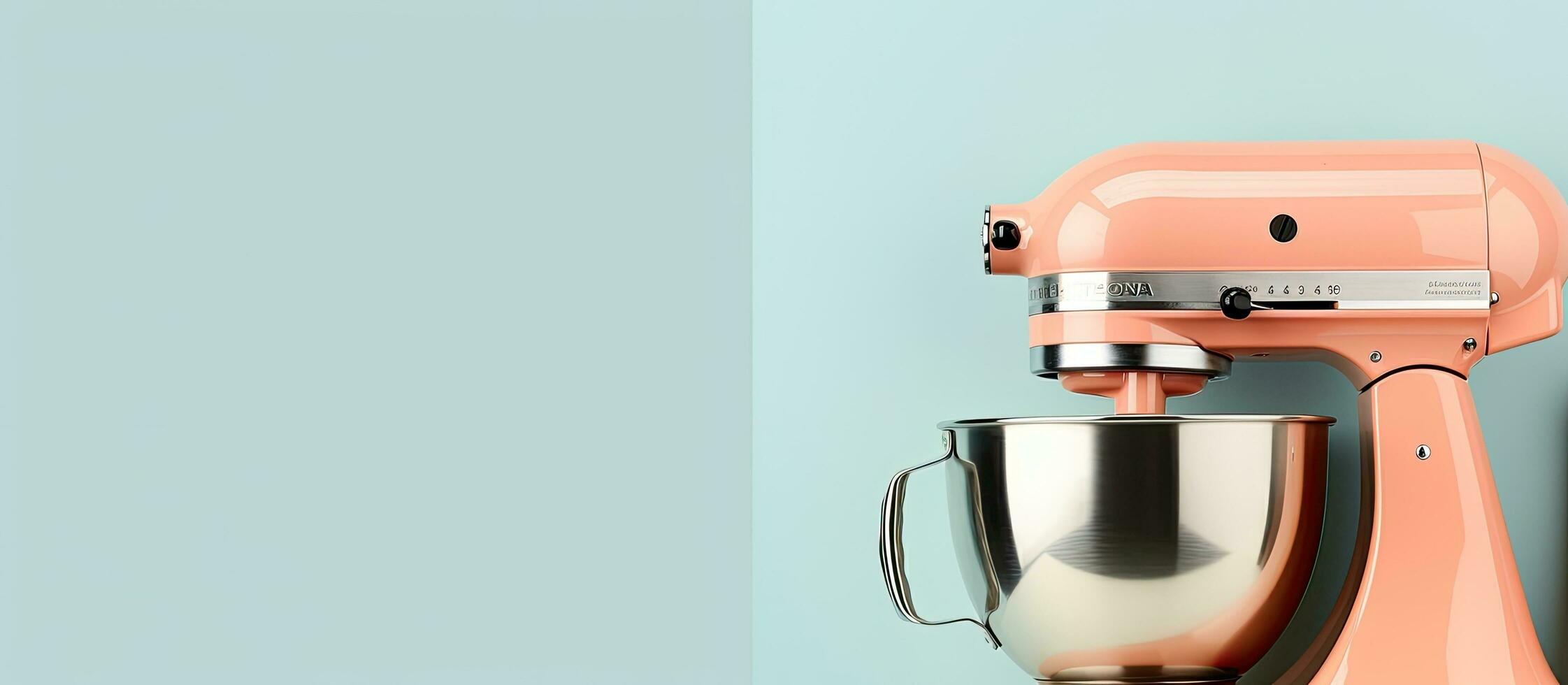 Photo of a pink mixer on a table with plenty of space for copy with copy space