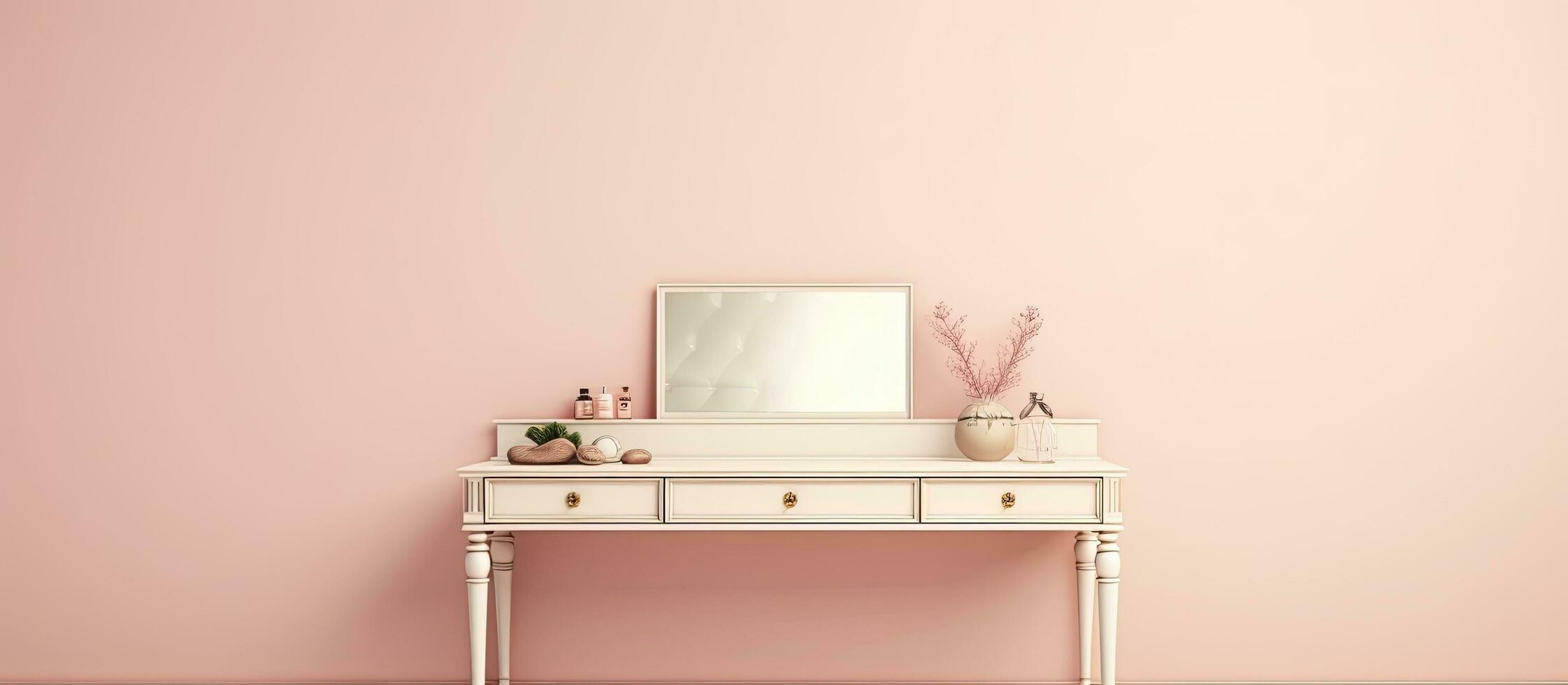 Photo of a minimalist white desk with a mirror and vase on top with copy space