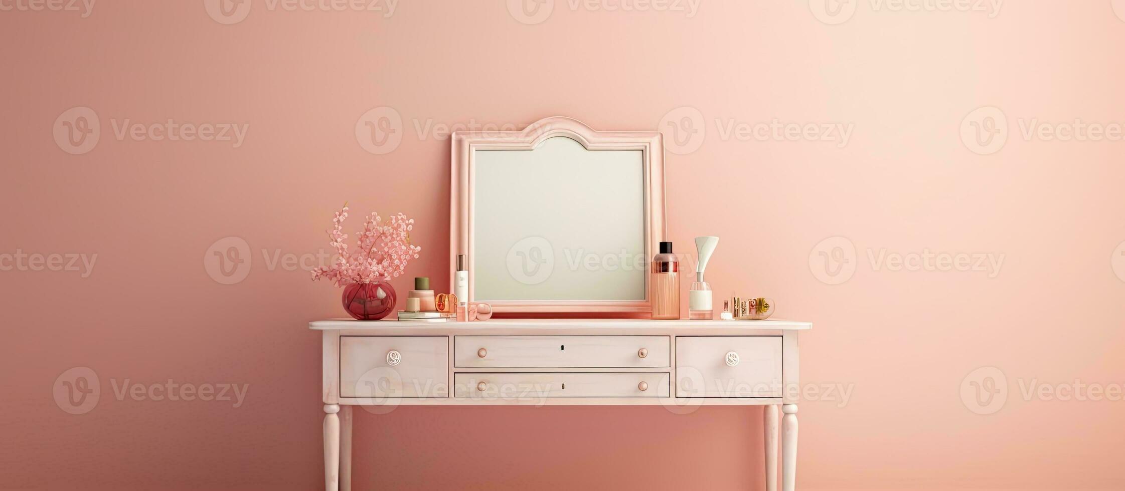 Photo of a minimalist white dressing table with a sleek mirror on top with copy space