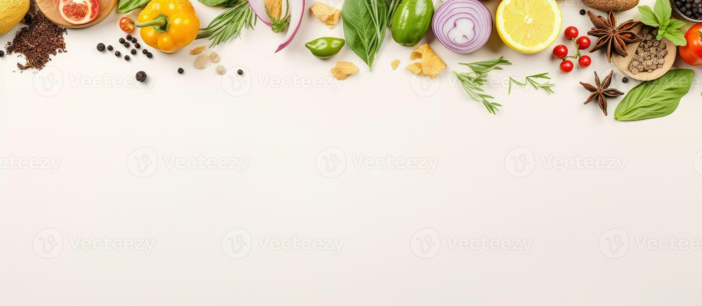 Photo of a colorful assortment of fruits and vegetables on a clean, white background with copy space