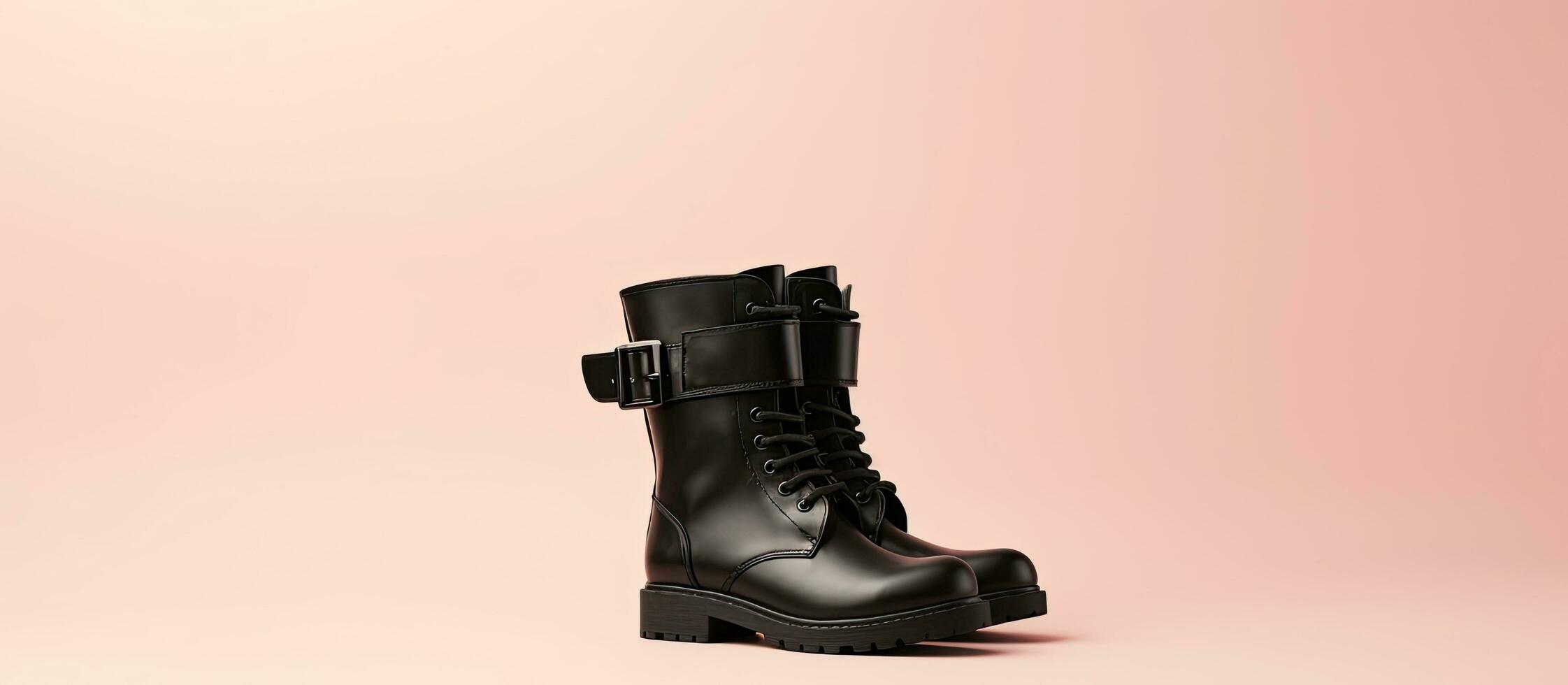 Photo of black combat boots on a vibrant pink background with ample copy space with copy space