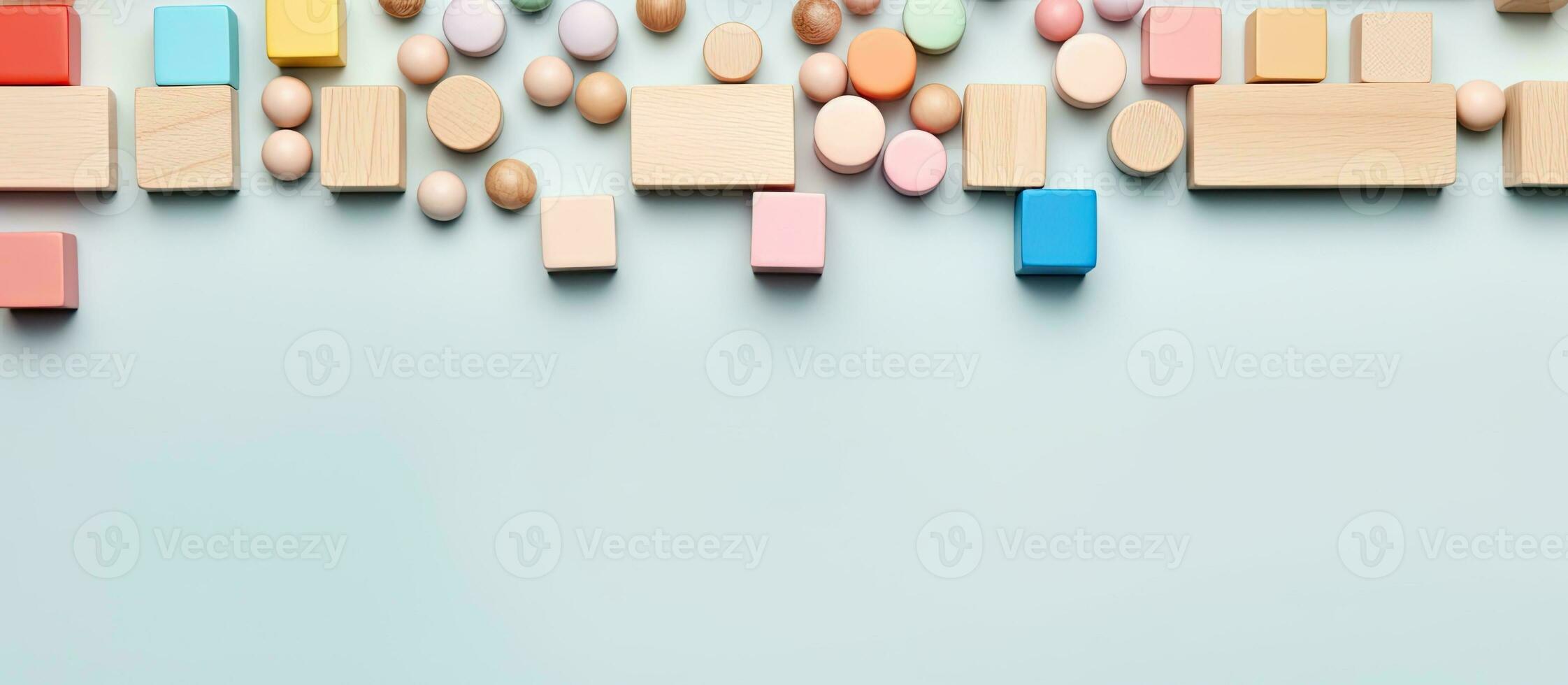 Photo of a vibrant display of colorful wooden blocks on a table, perfect for creative and imaginative play with copy space