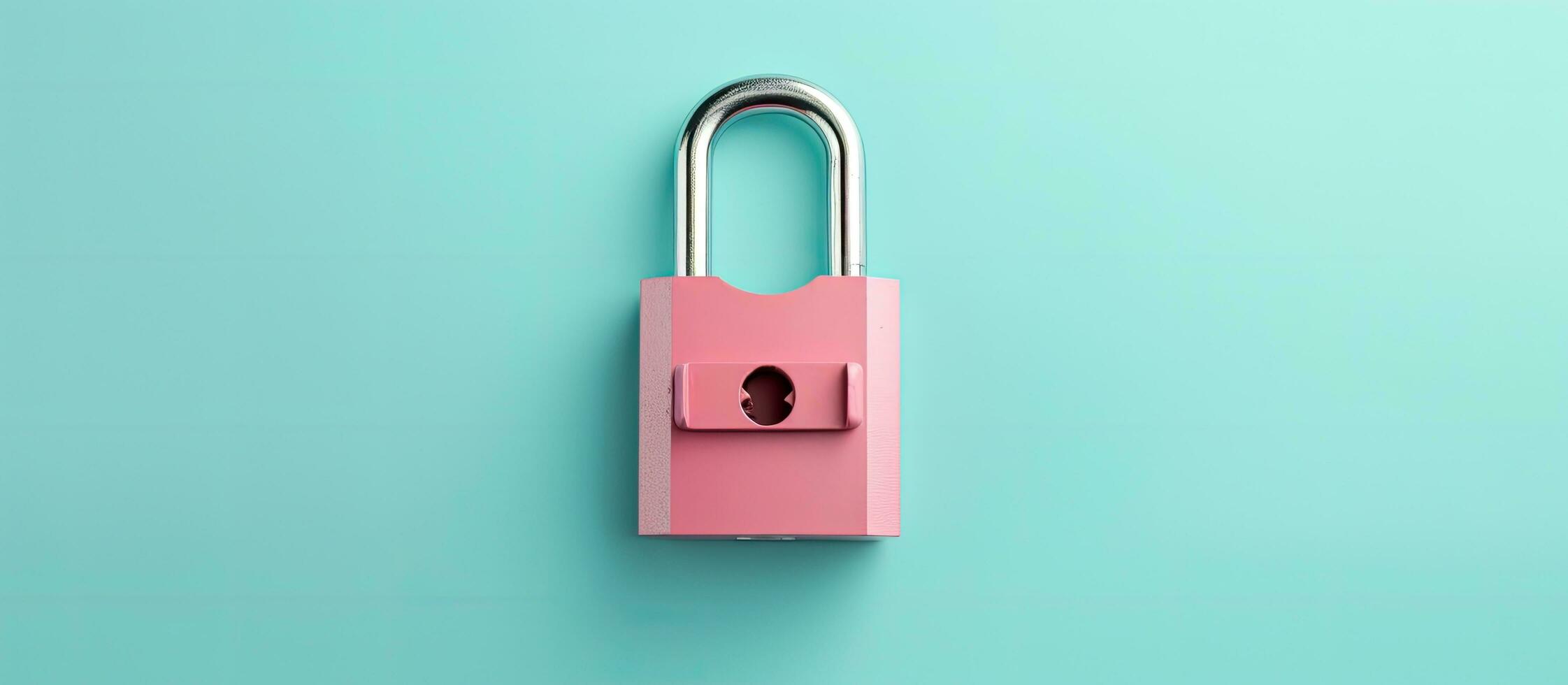 Photo of a vibrant pink padlock on a contrasting turquoise background with empty space for text or design with copy space