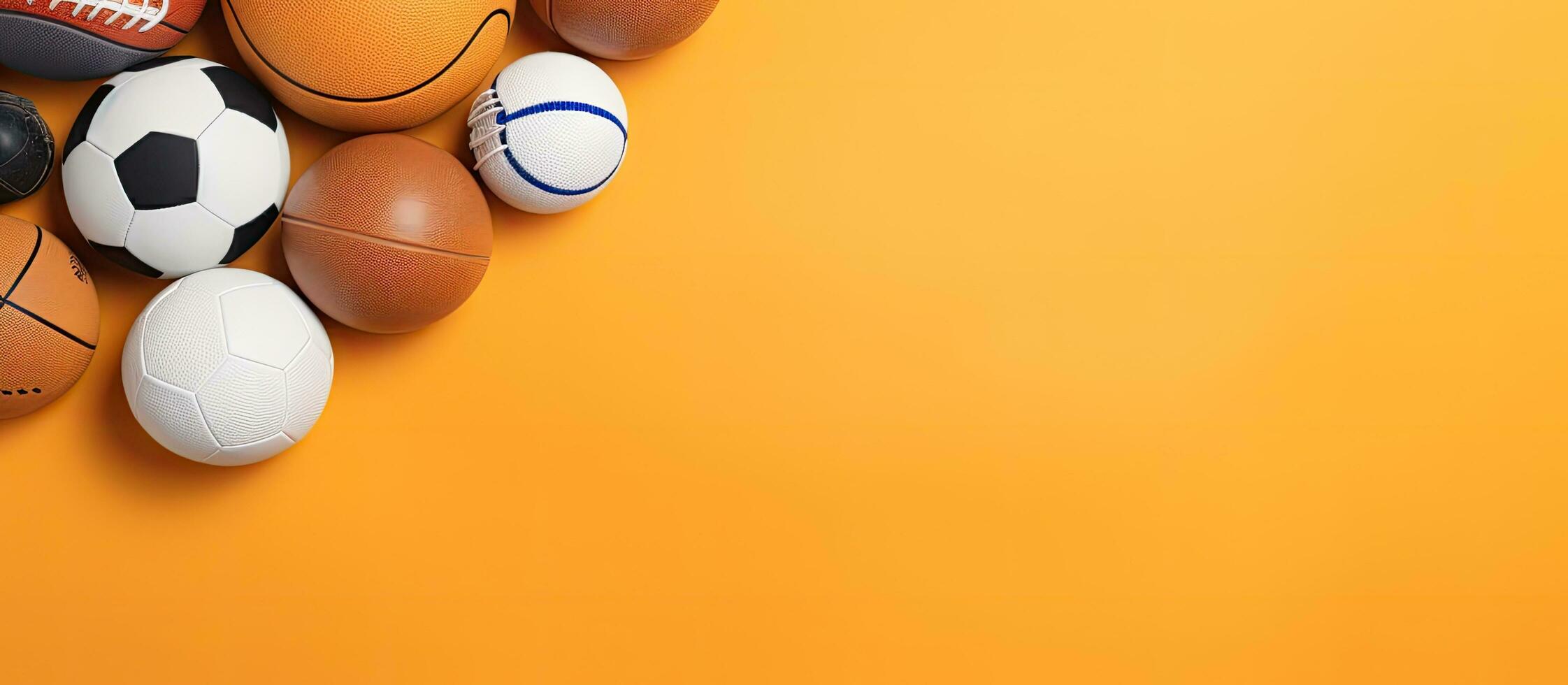 Photo of a colorful assortment of sports balls on a white background with copy space