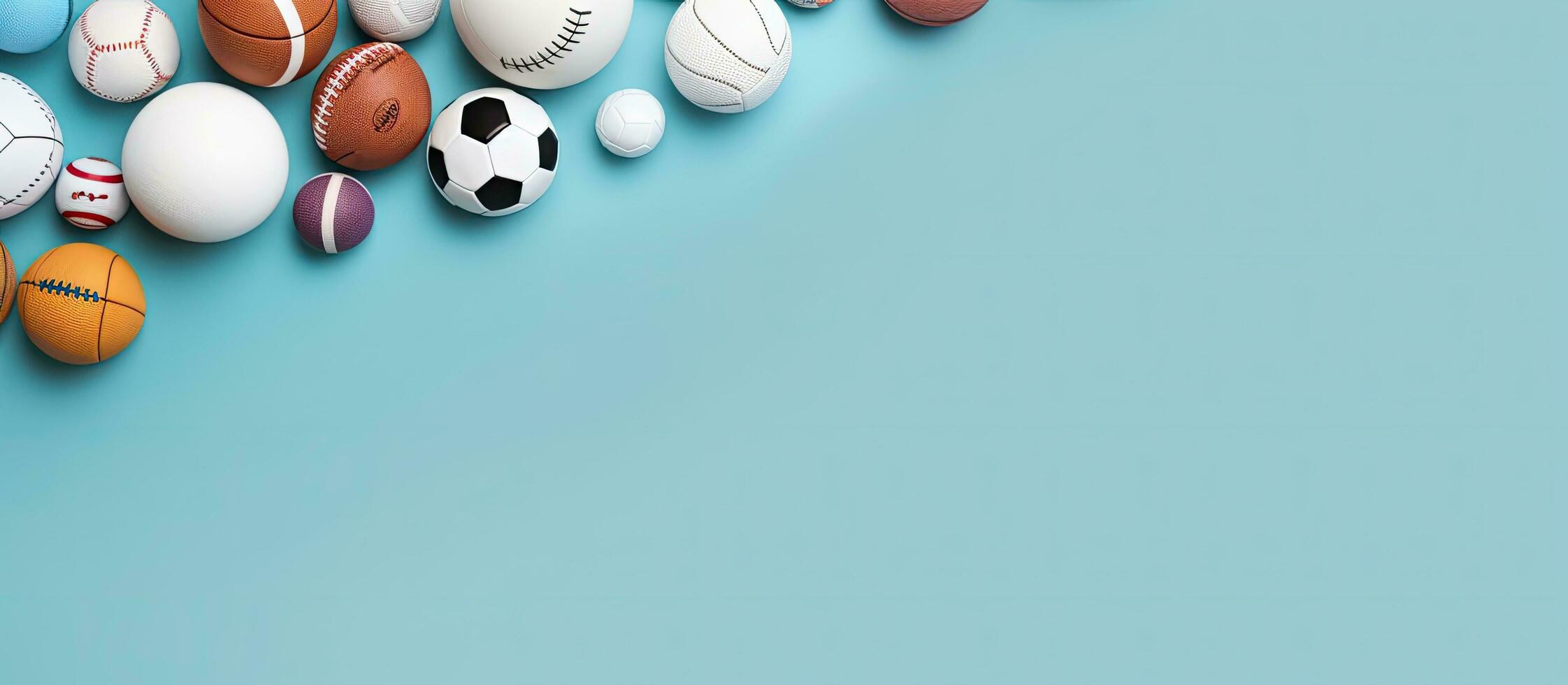 Photo of a colorful assortment of balls on a vibrant blue background with copy space