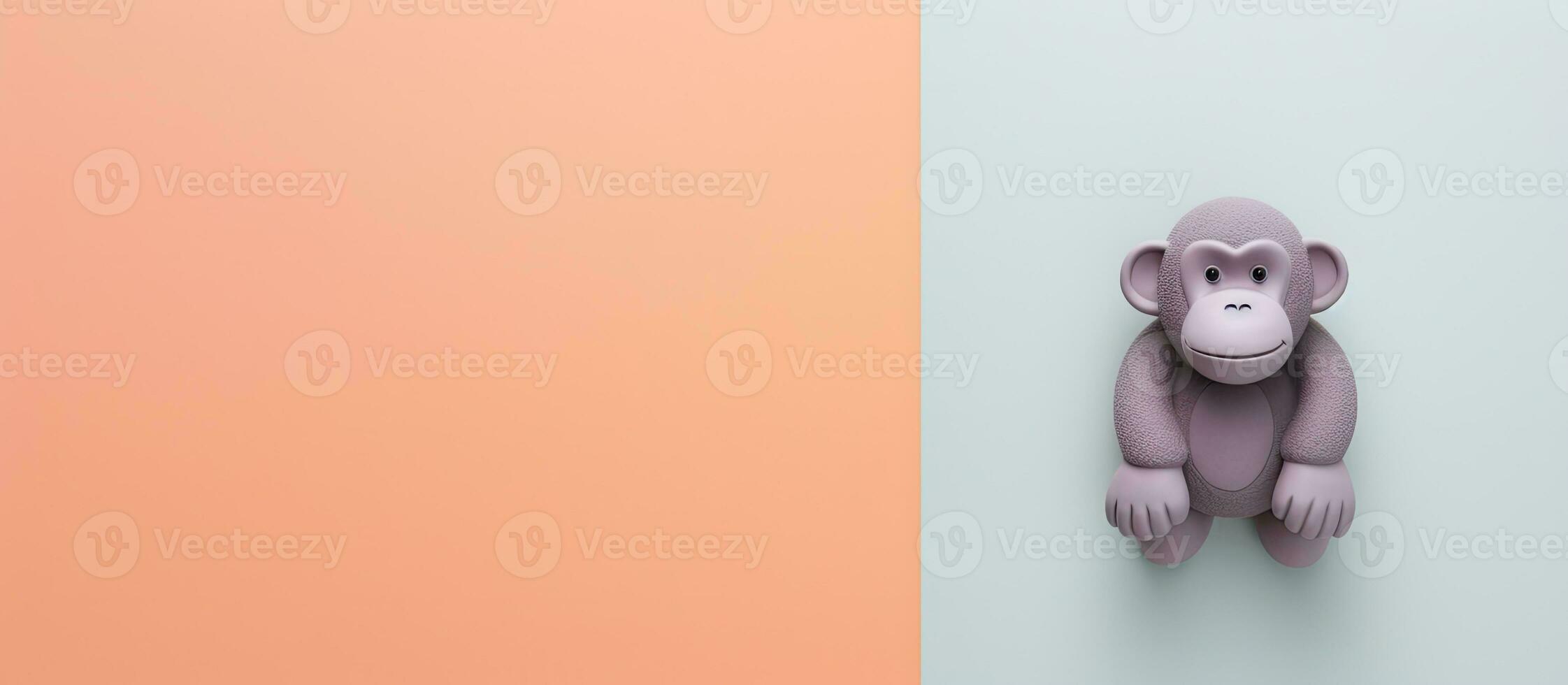 Photo of a stuffed monkey perched on a wall with empty space around it with copy space