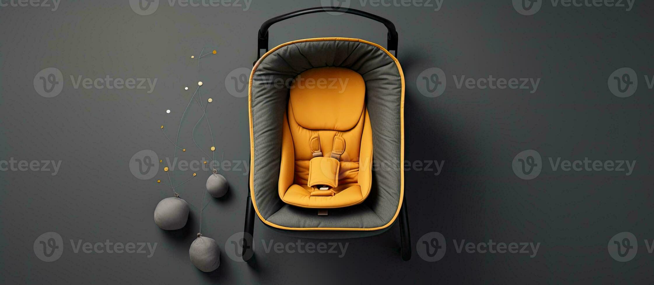 Photo of an empty baby car seat from a top down perspective with copy space