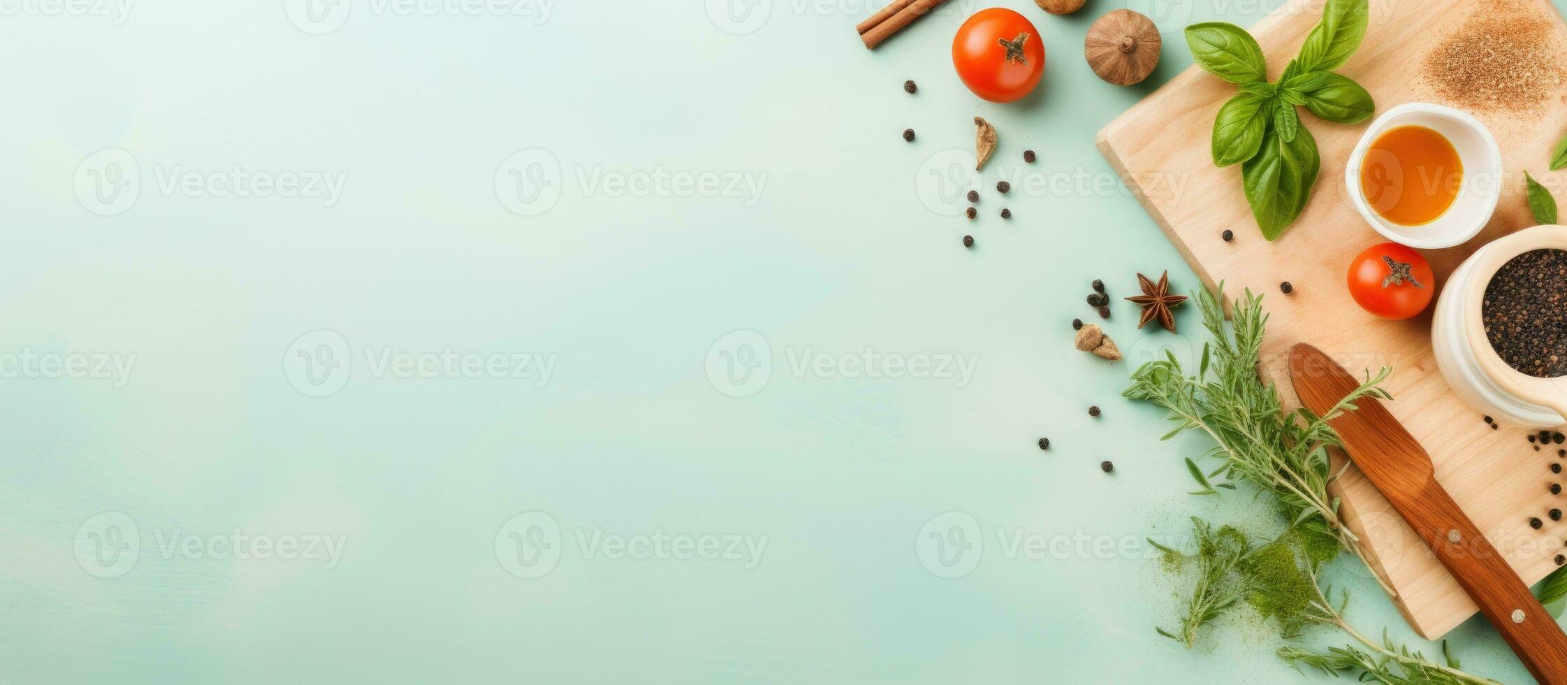 Photo of a beautifully arranged cutting board filled with a variety of aromatic spices and flavorful herbs with copy space