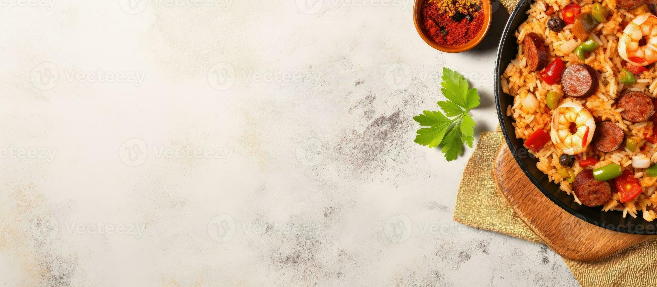 foto de camarón y arroz con un lado de sabroso salsa con Copiar espacio