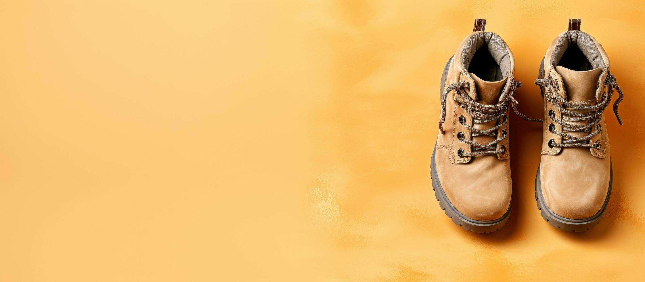Photo of a pair of shoes on a vibrant yellow floor with plenty of space for copy with copy space