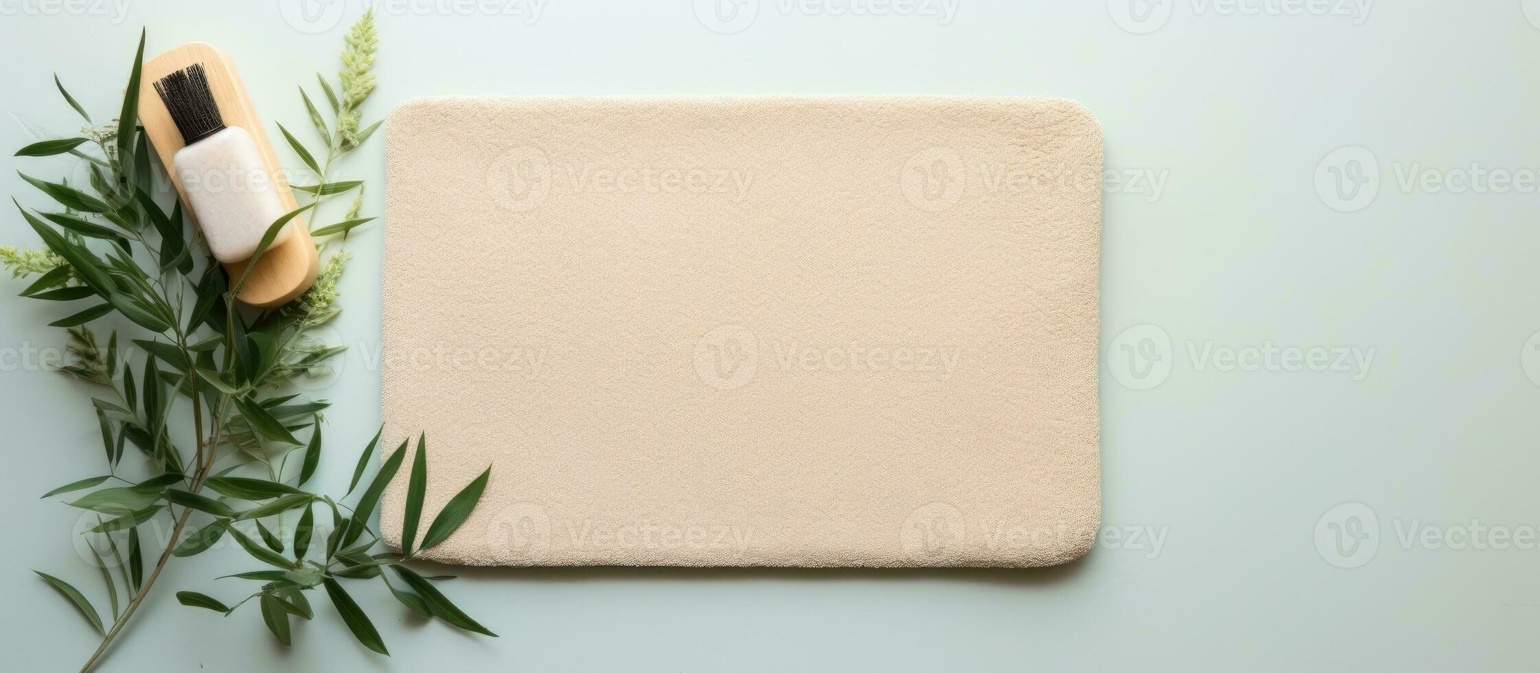 Photo of a white square with a brush on top, representing creativity and blank canvas with copy space