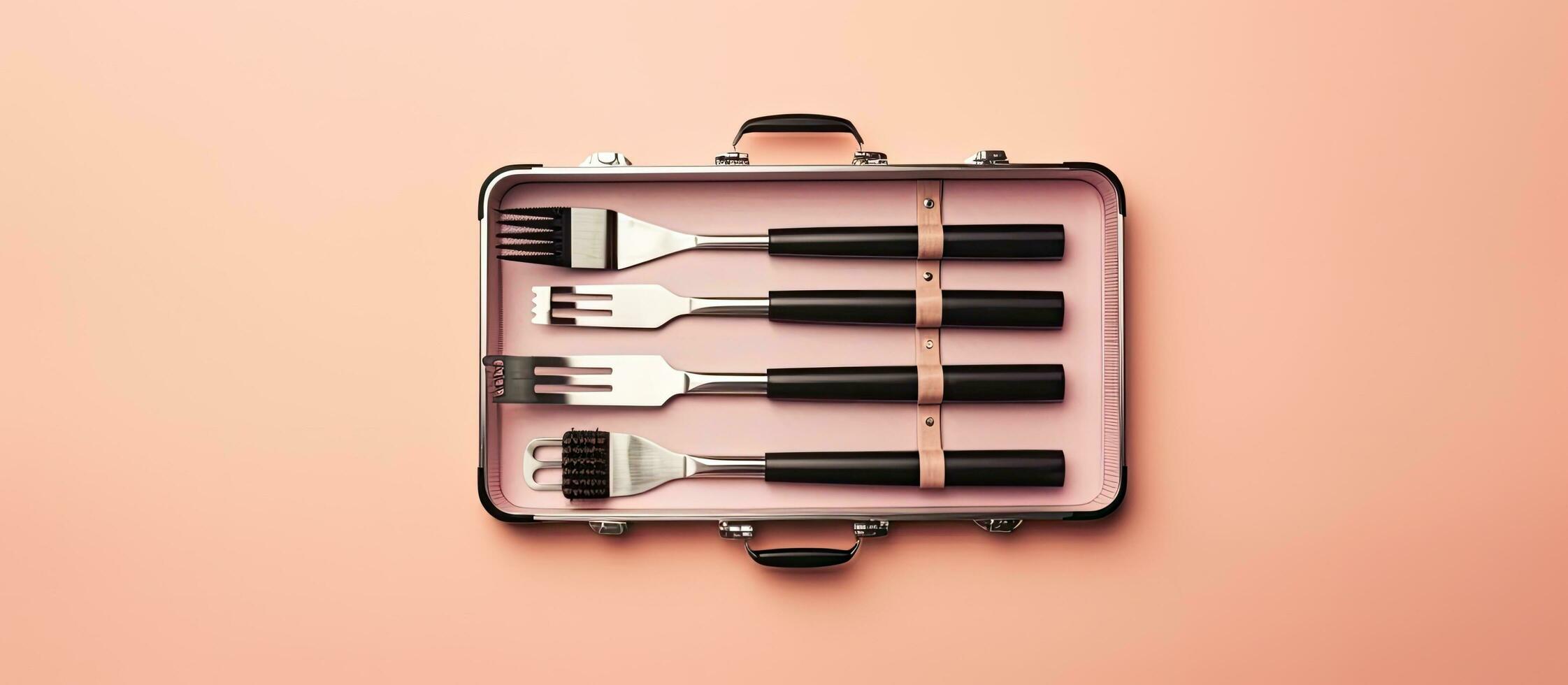 Photo of a set of five forks in a pink case with copy space with copy space