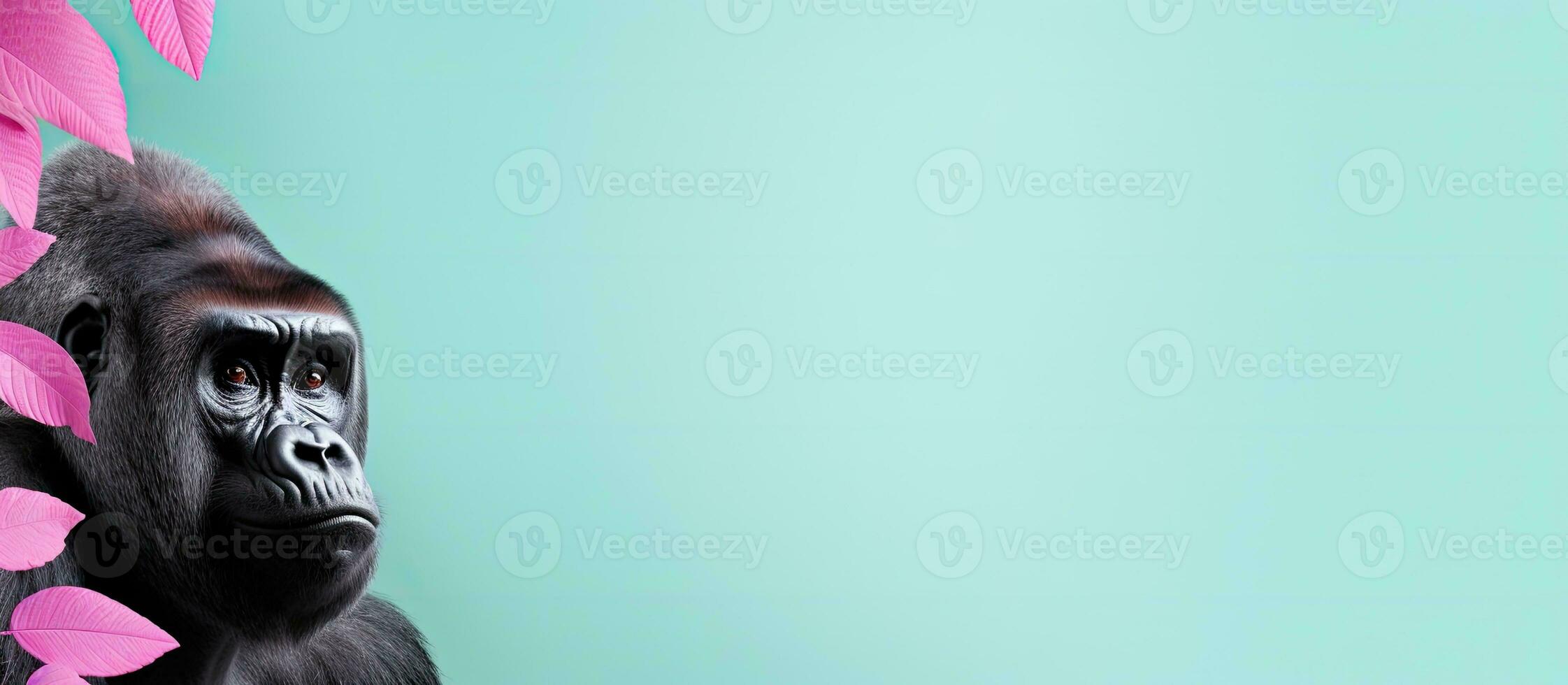 Photo of a gorilla holding a pink flower in its mouth against a blank background with copy space