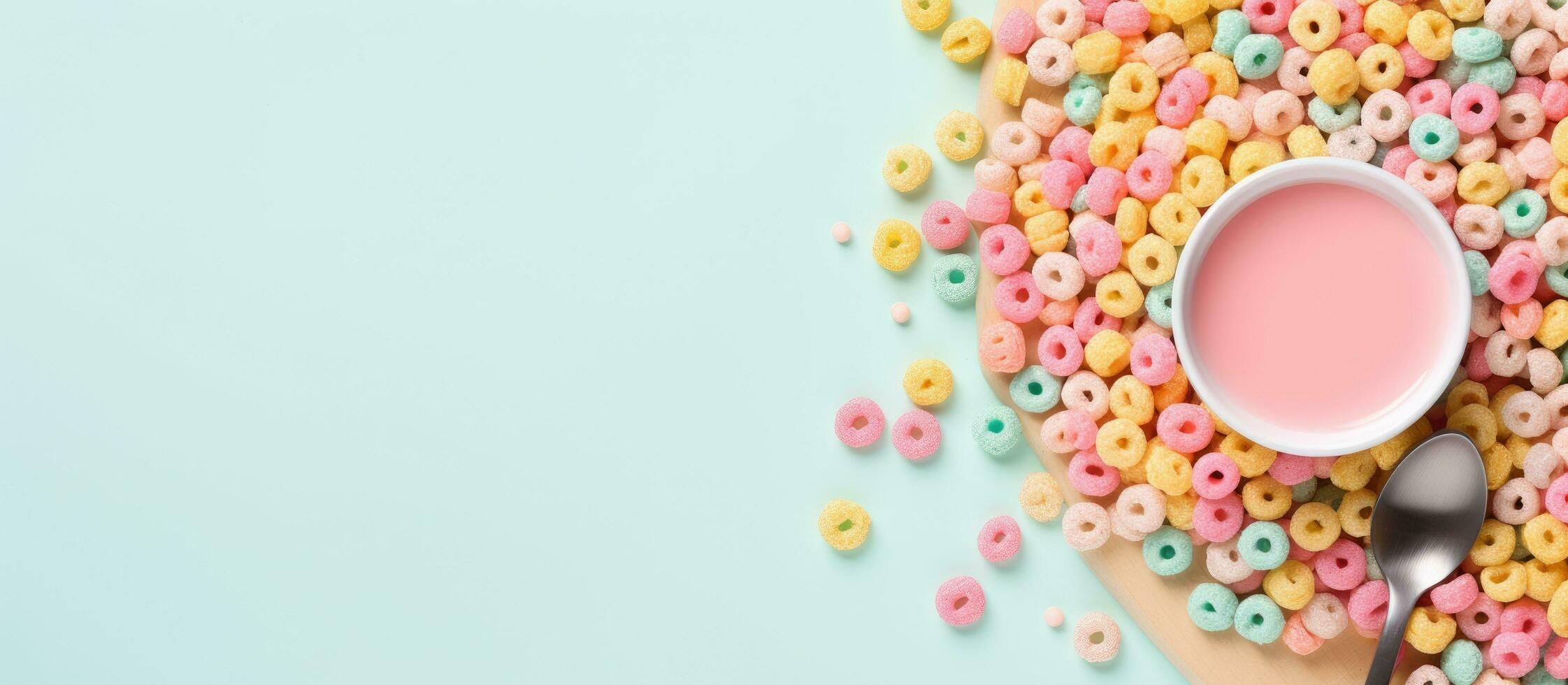 Photo of a bowl of cereal and a spoon on a table with plenty of copy space with copy space