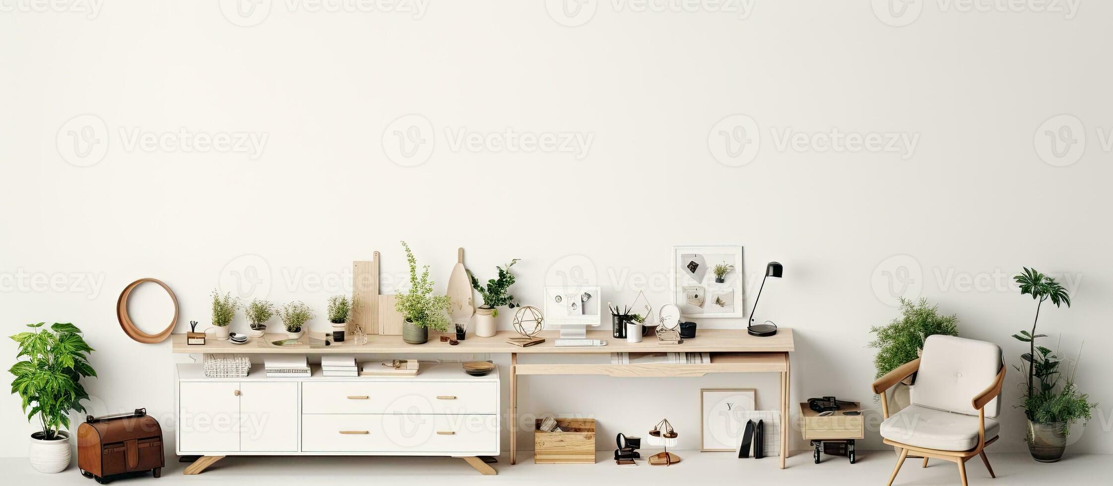 Photo of a beautifully decorated room with a desk, chair, plants, and a mirror for a cozy and productive workspace with copy space