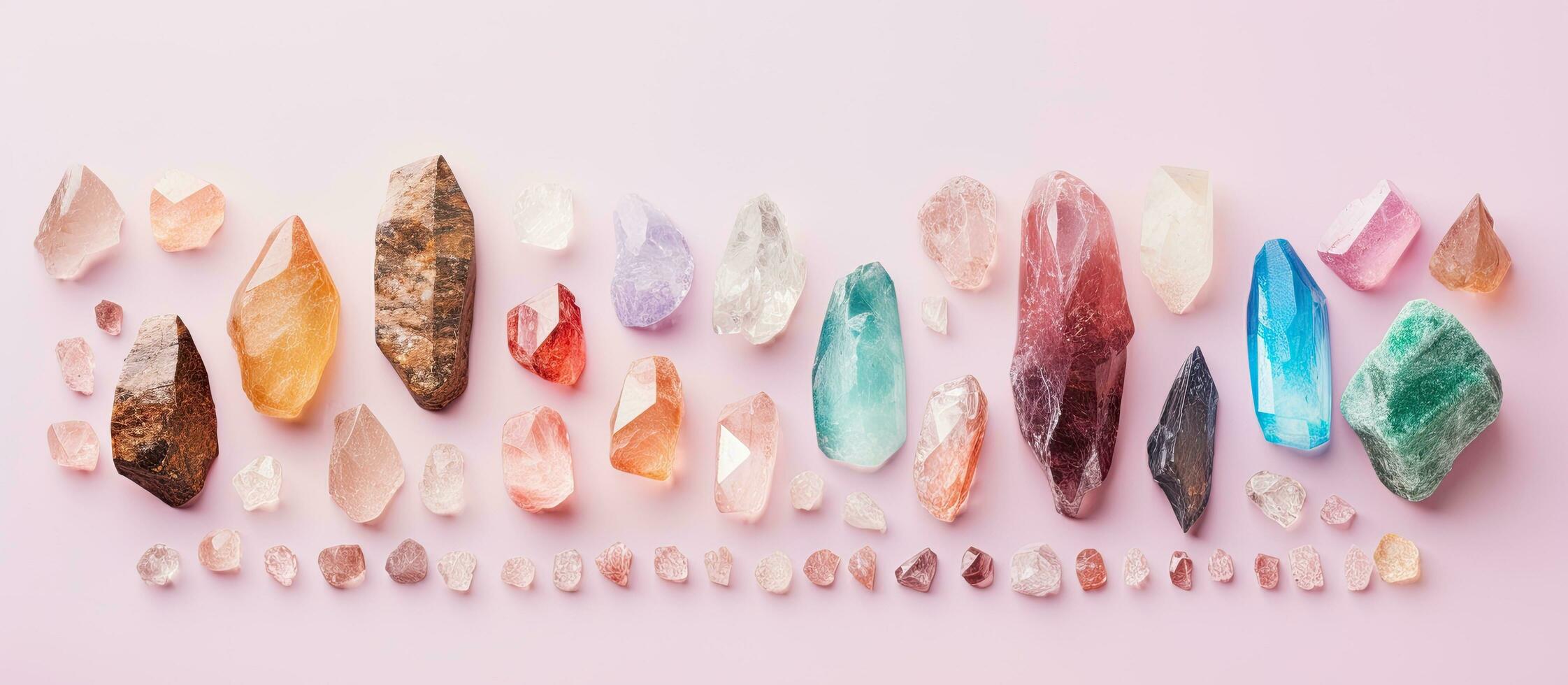 foto de un vibrante colección de vistoso cristales en un suave rosado fondo con Copiar espacio