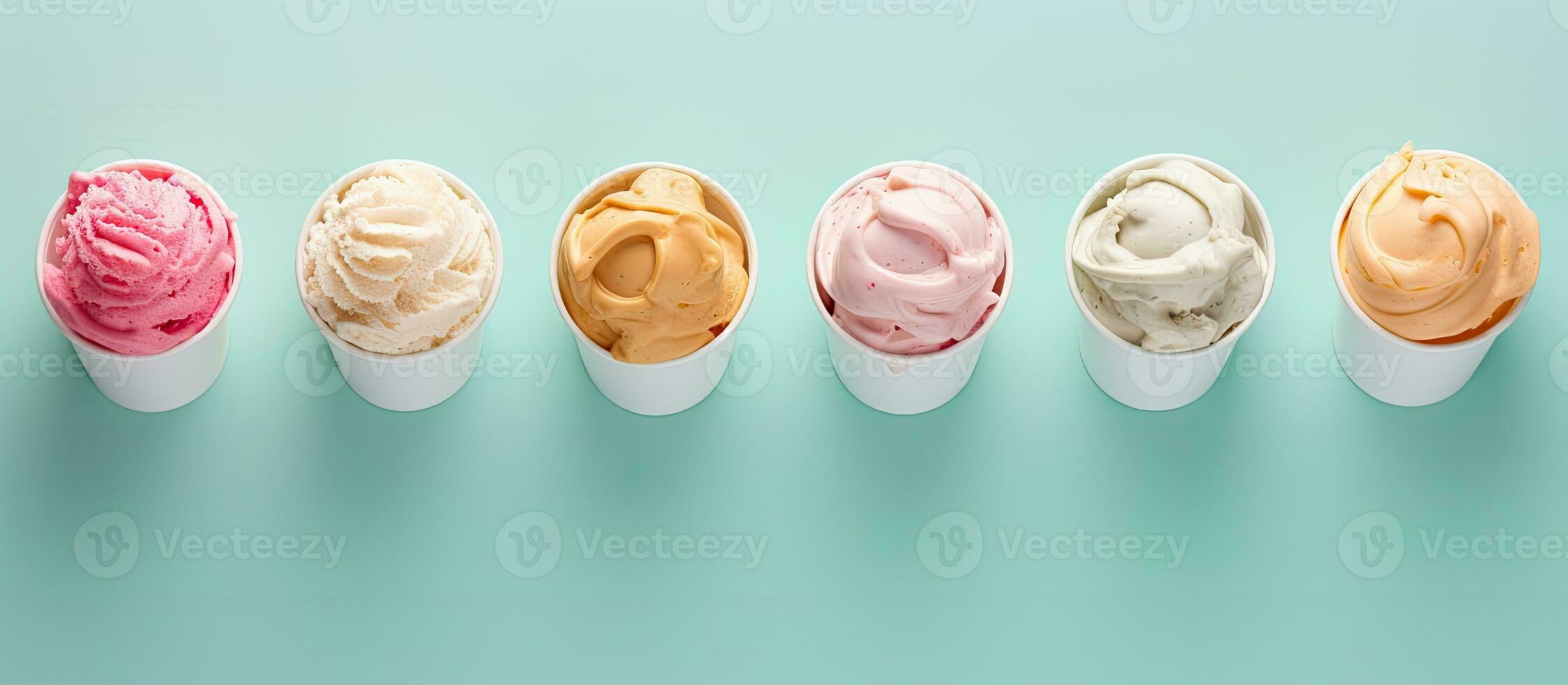 Photo of five colorful ice cream cones with plenty of copy space with copy space