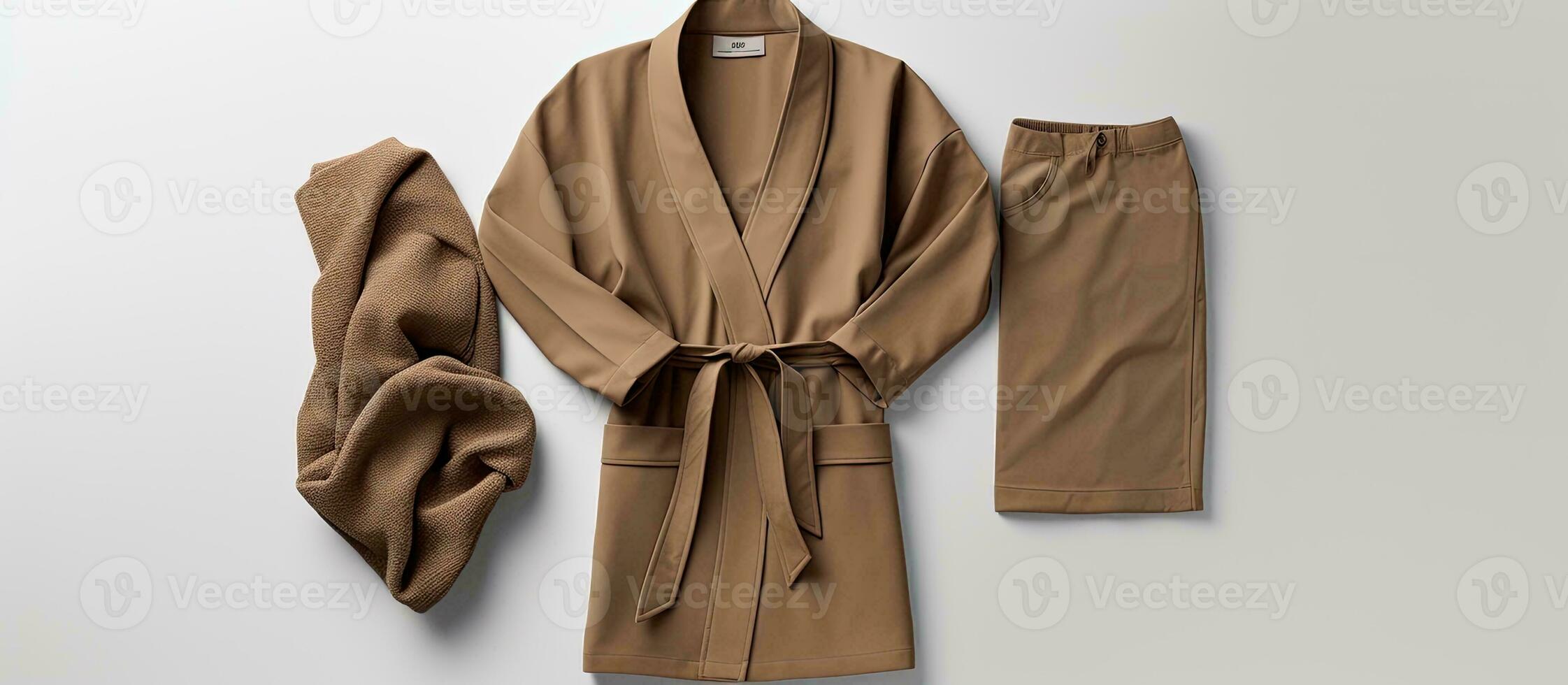 Photo of a white robe and pants on a clean and minimalist background with copy space
