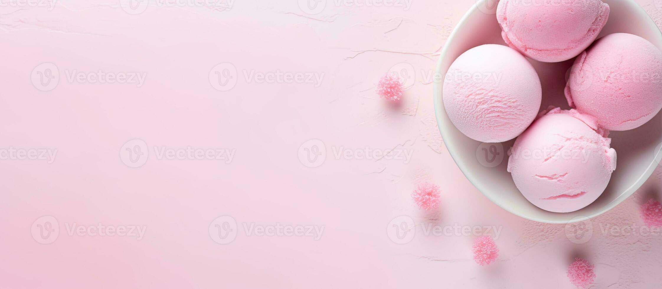 Photo of five colorful ice cream cones lined up in a row with copy space with copy space