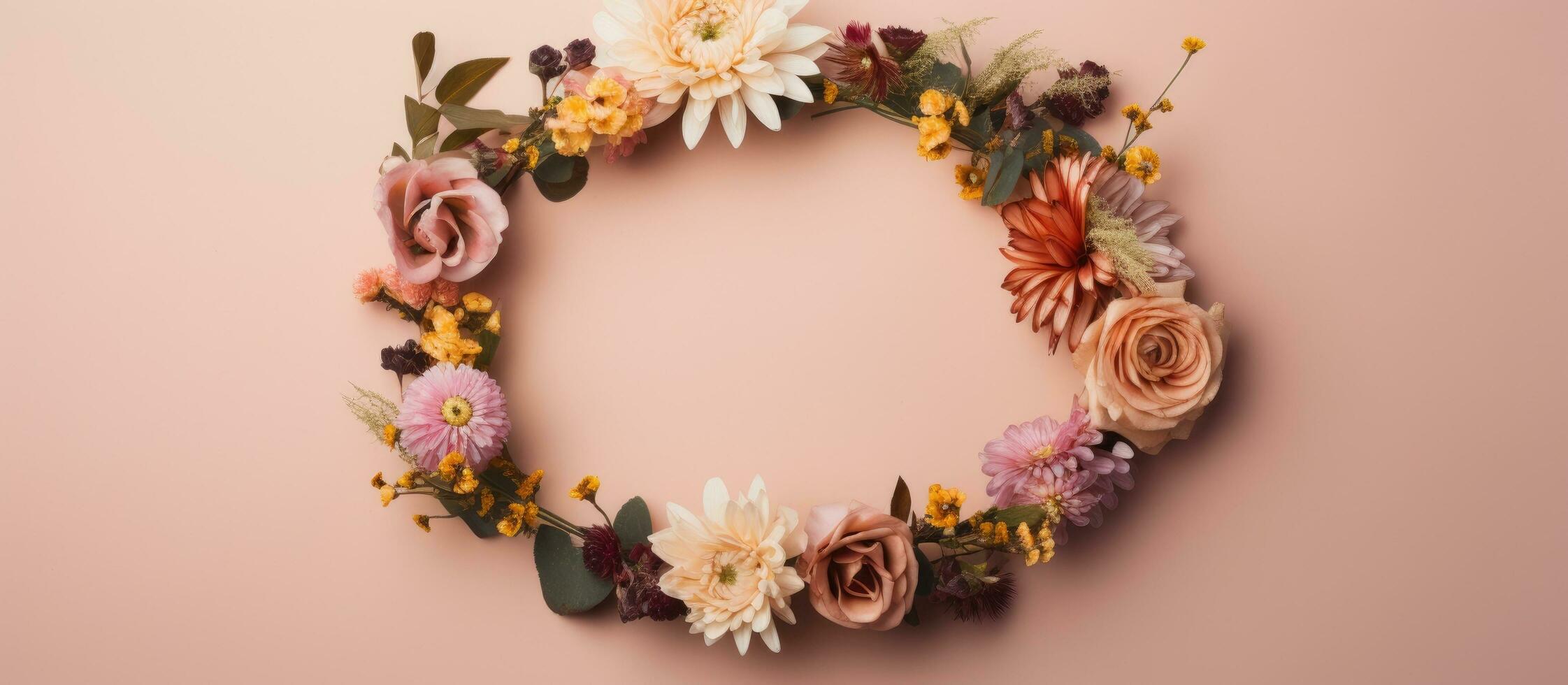 Photo of a beautiful flower wreath on a vibrant pink wall with plenty of copy space with copy space