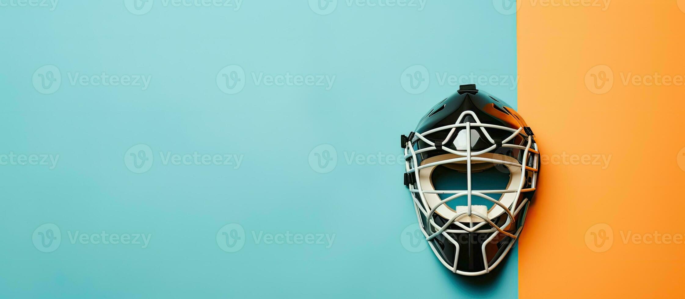 Photo of a black mask hanging on a vibrant blue and yellow wall with copy space