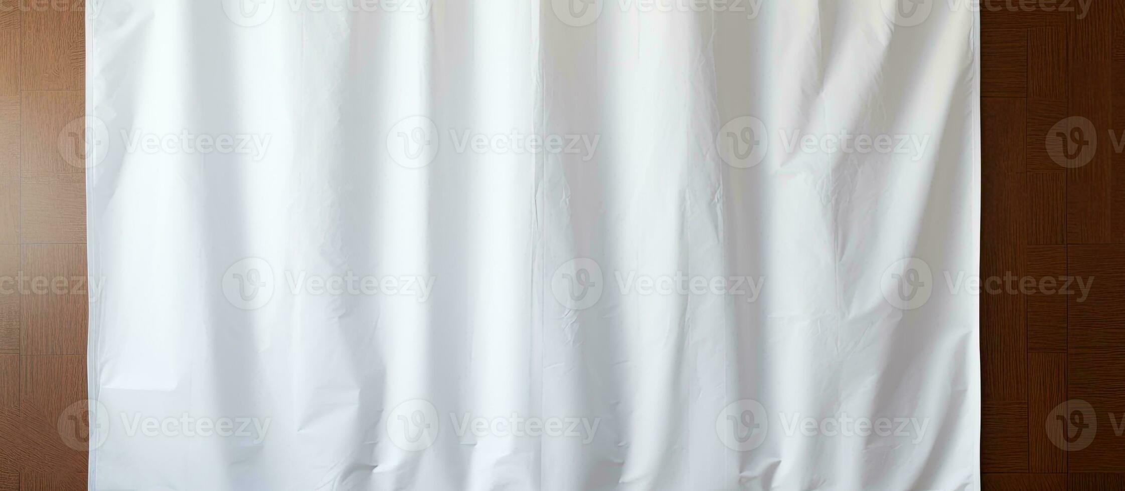 Photo of a minimalist bathroom with a white shower curtain on a wooden wall with copy space