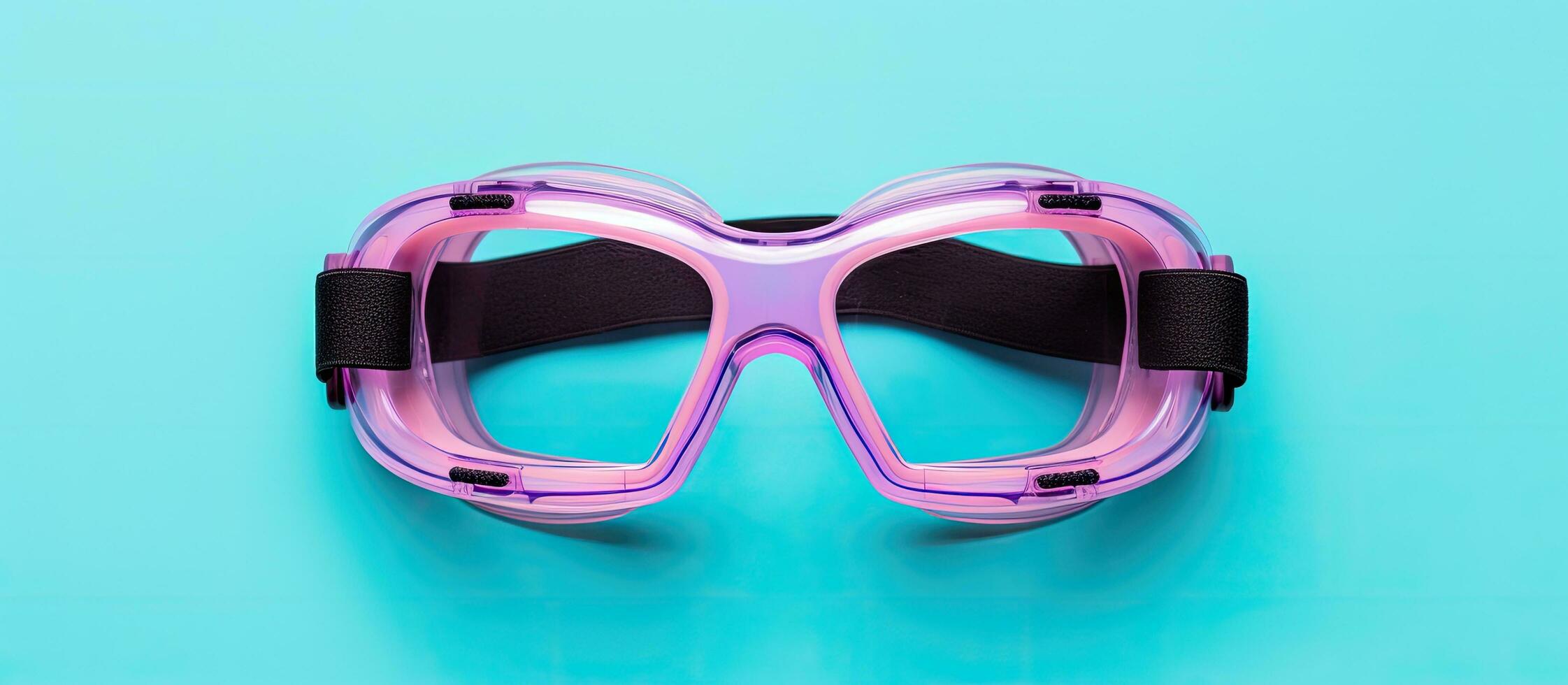 Photo of pink goggles on a blue surface with plenty of space for text or other elements with copy space