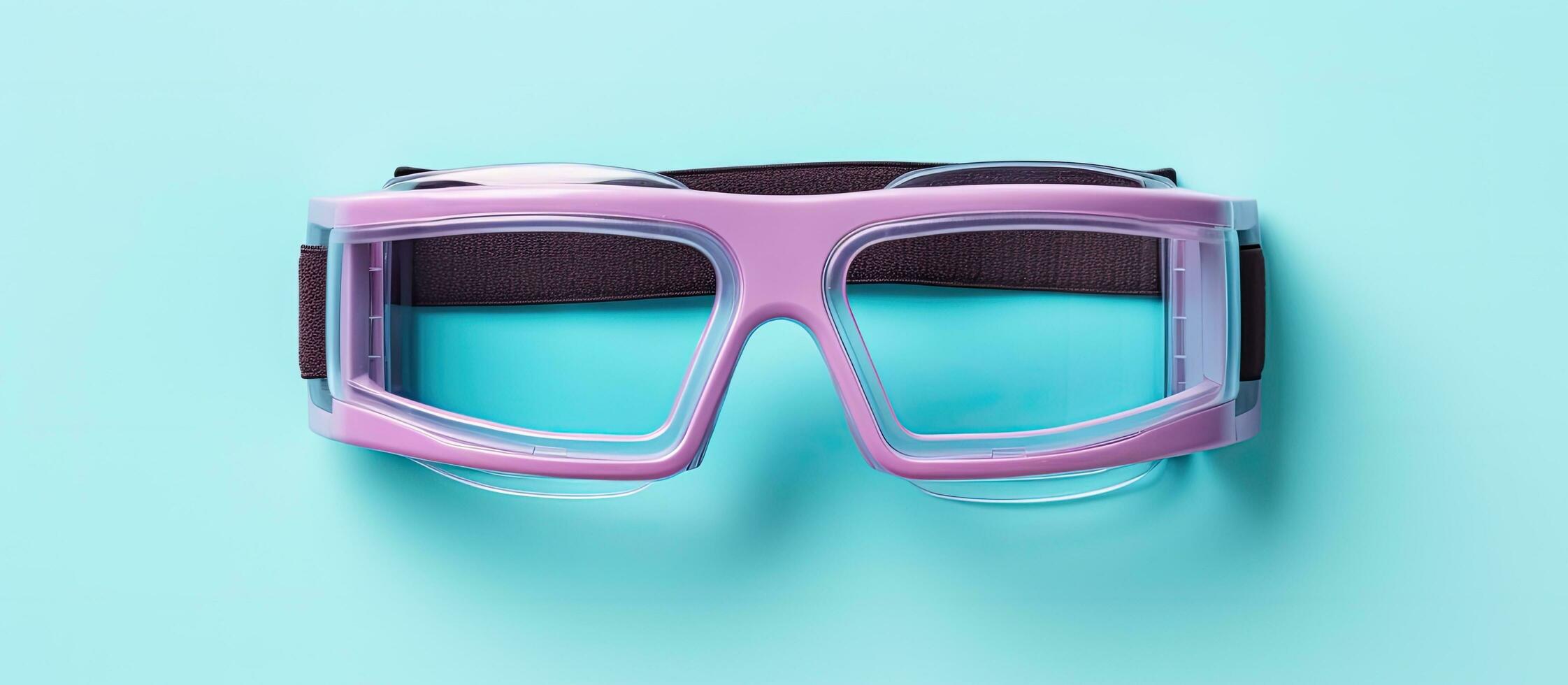 Photo of a pair of stylish pink glasses on a vibrant blue background with copy space
