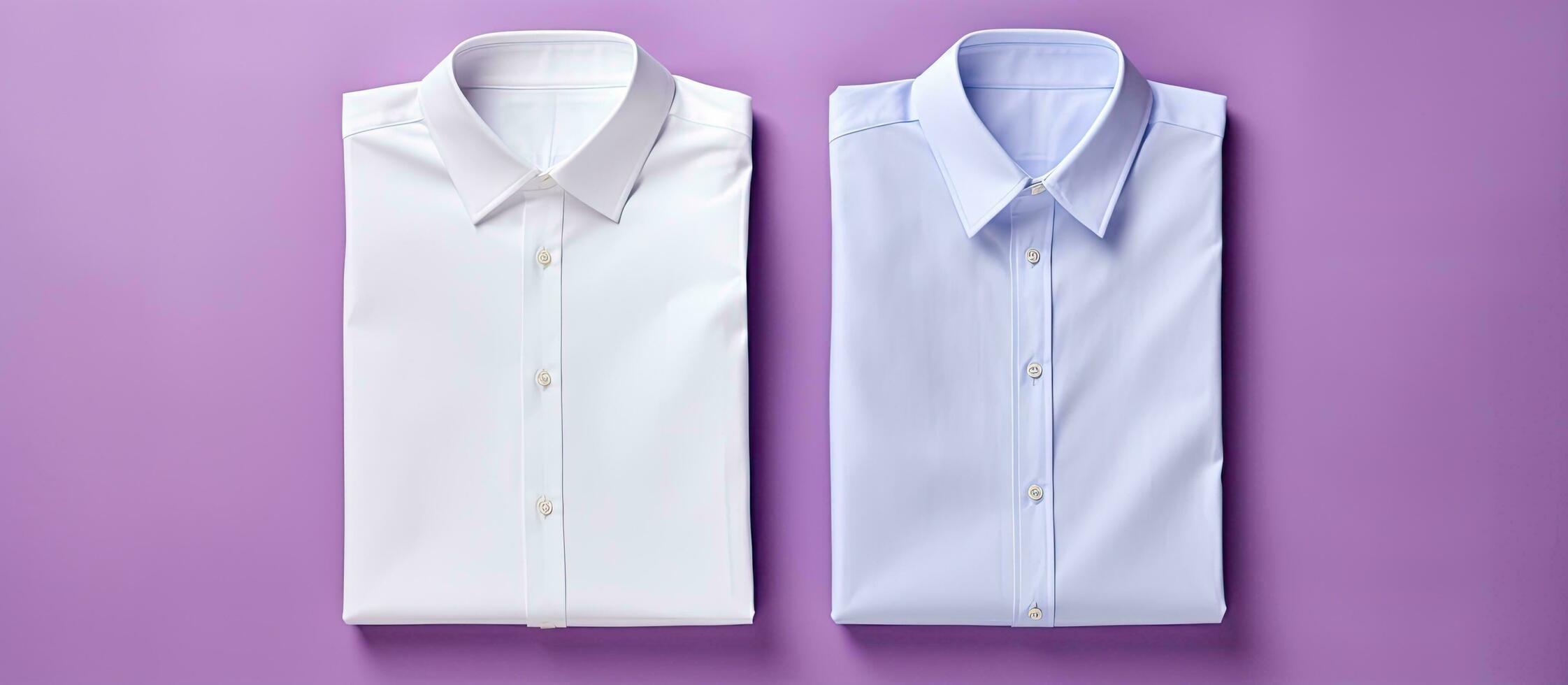 Photo of two white shirts on a vibrant purple background with ample copy space with copy space