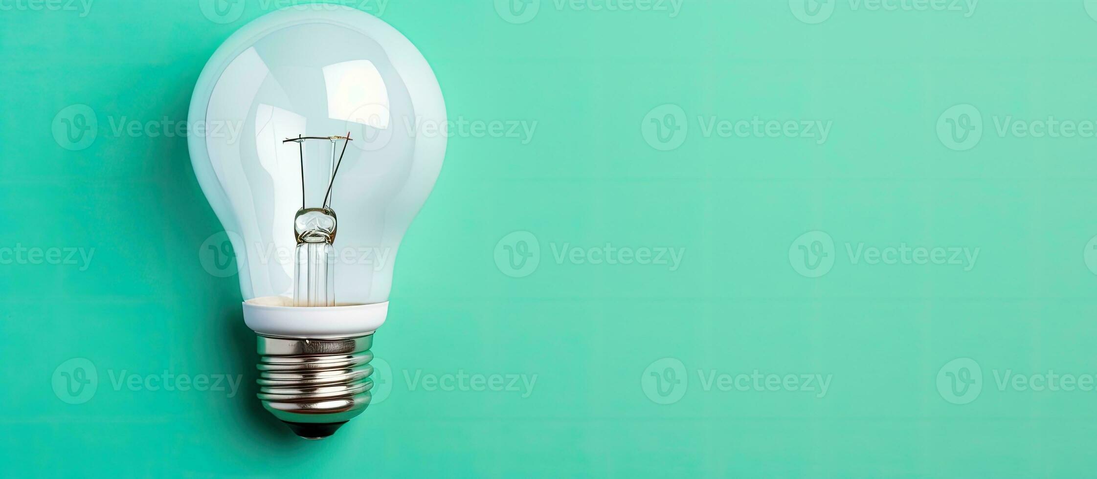 Photo of a glowing light bulb on a vibrant green background with copy space