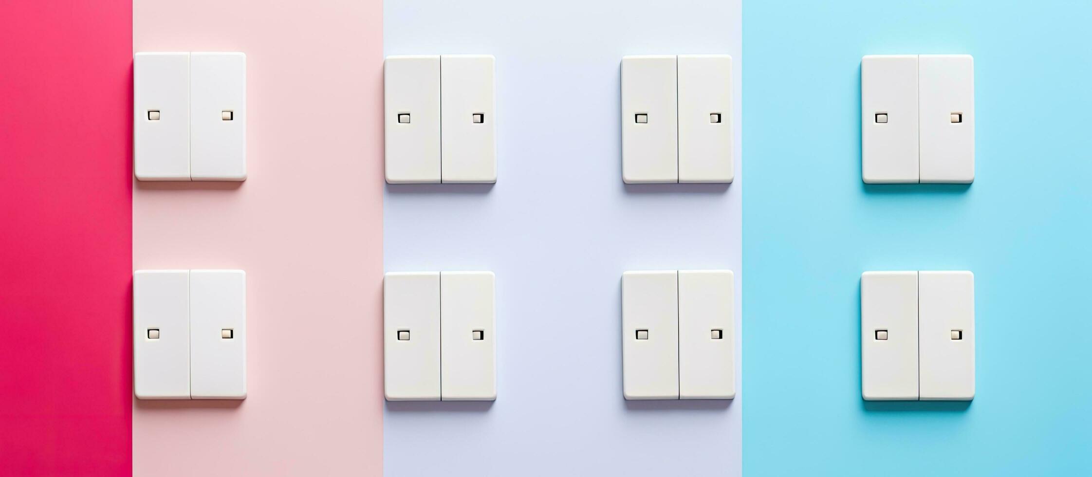 Photo of a neat row of white electrical outlets on a blank wall with copy space
