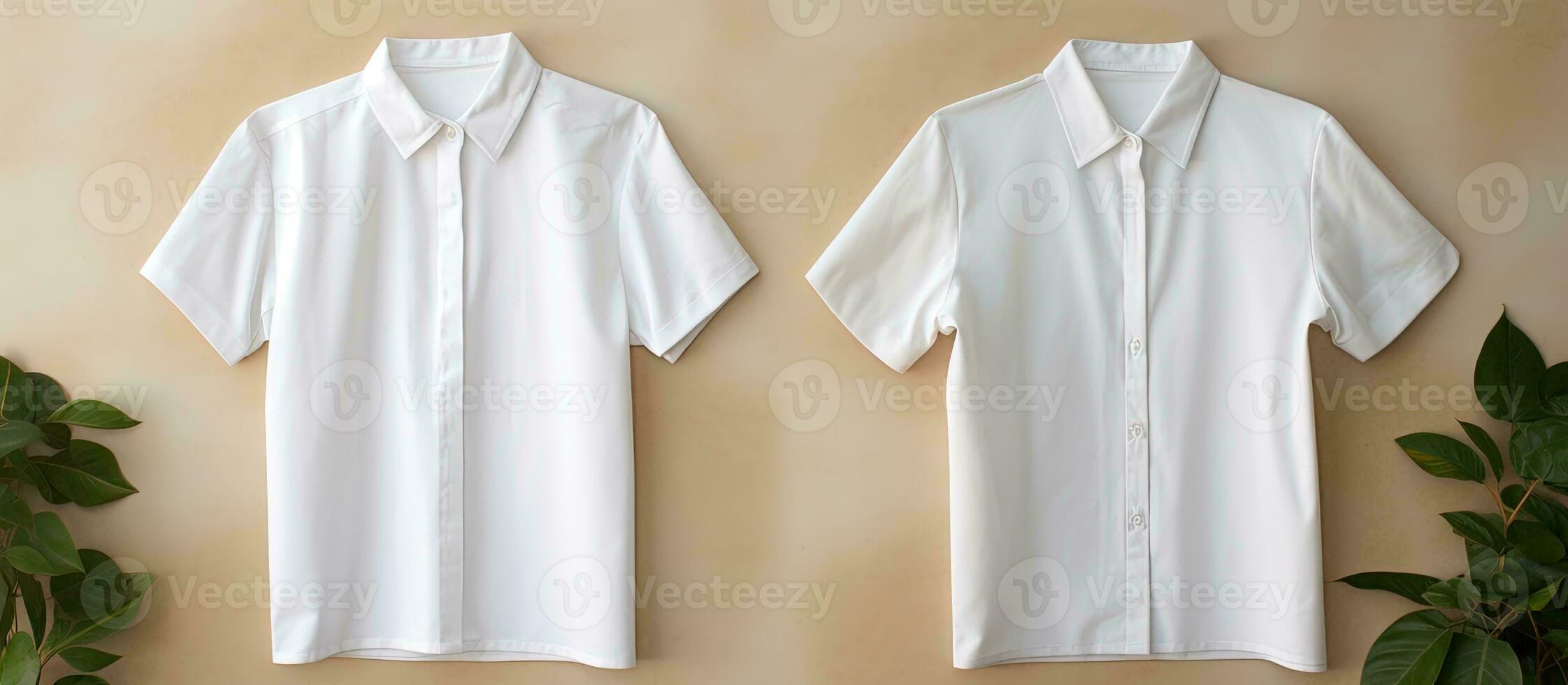 Photo of two white shirts hanging on a wall next to a plant with ample copy space with copy space