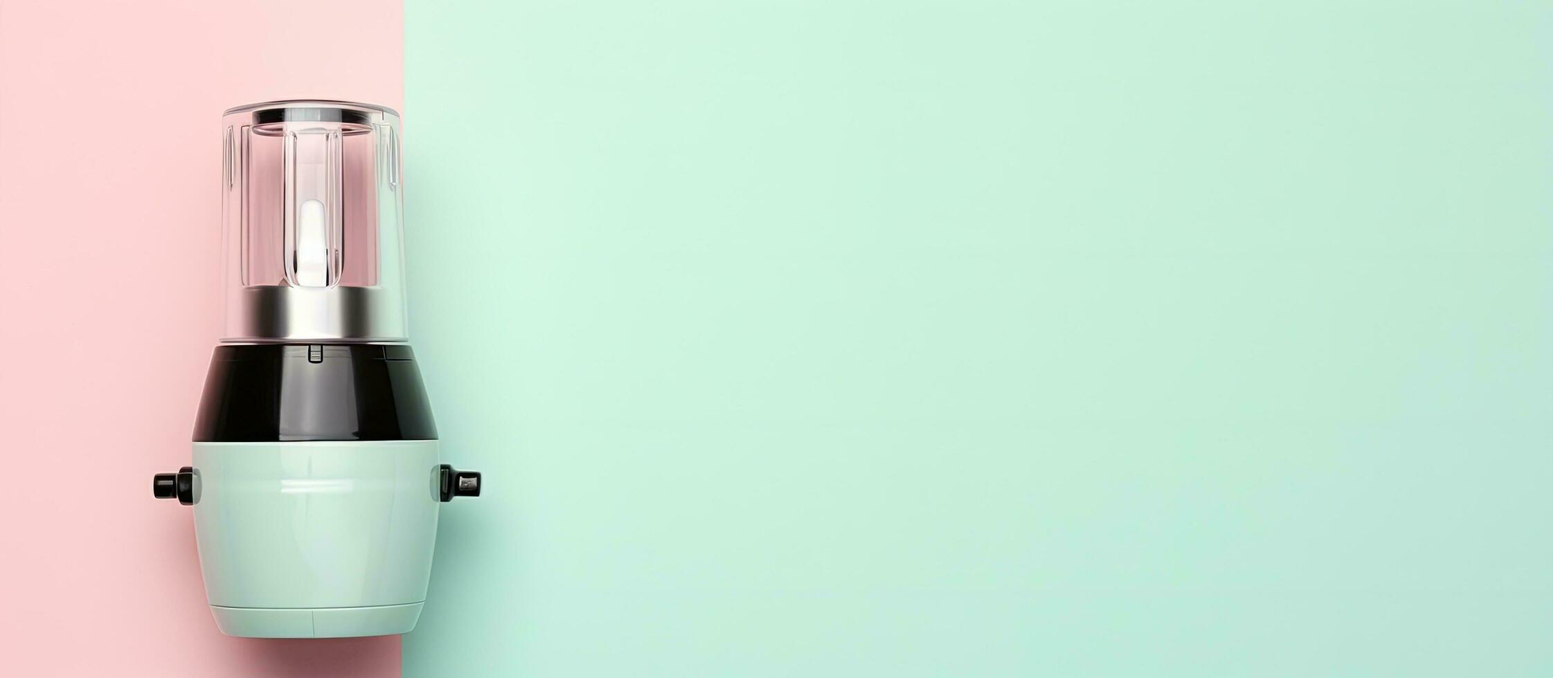 Photo of a stylish blender against a colorful wall with copy space