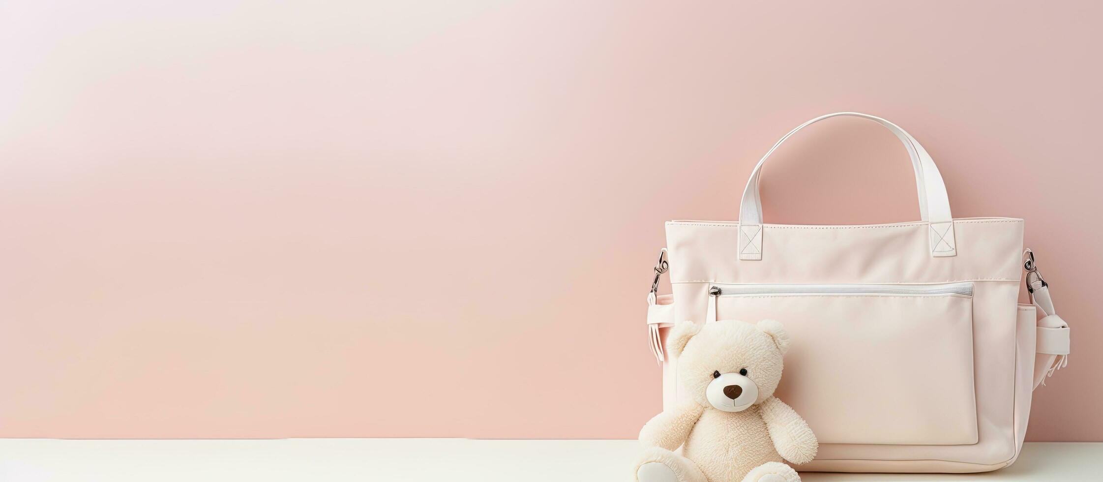 Photo of a white teddy bear and purse on a clean background with copy space