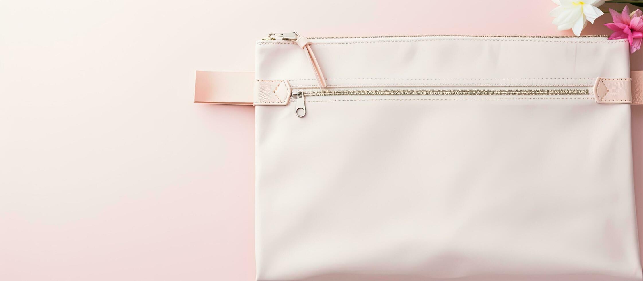 Photo of a white bag with a pink ribbon hanging elegantly with copy space