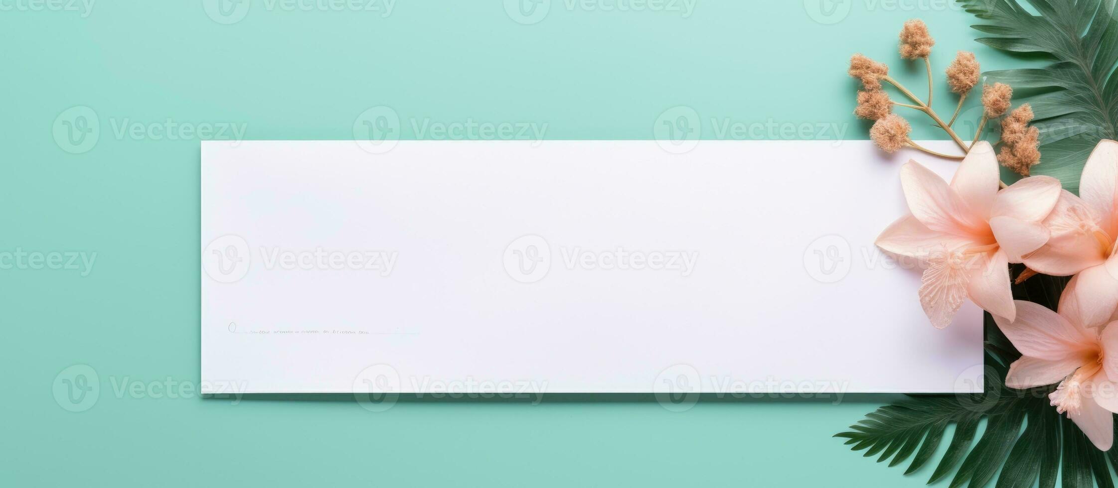 Photo of a white paper with pink flowers on a green background, perfect for adding your own text or design with copy space