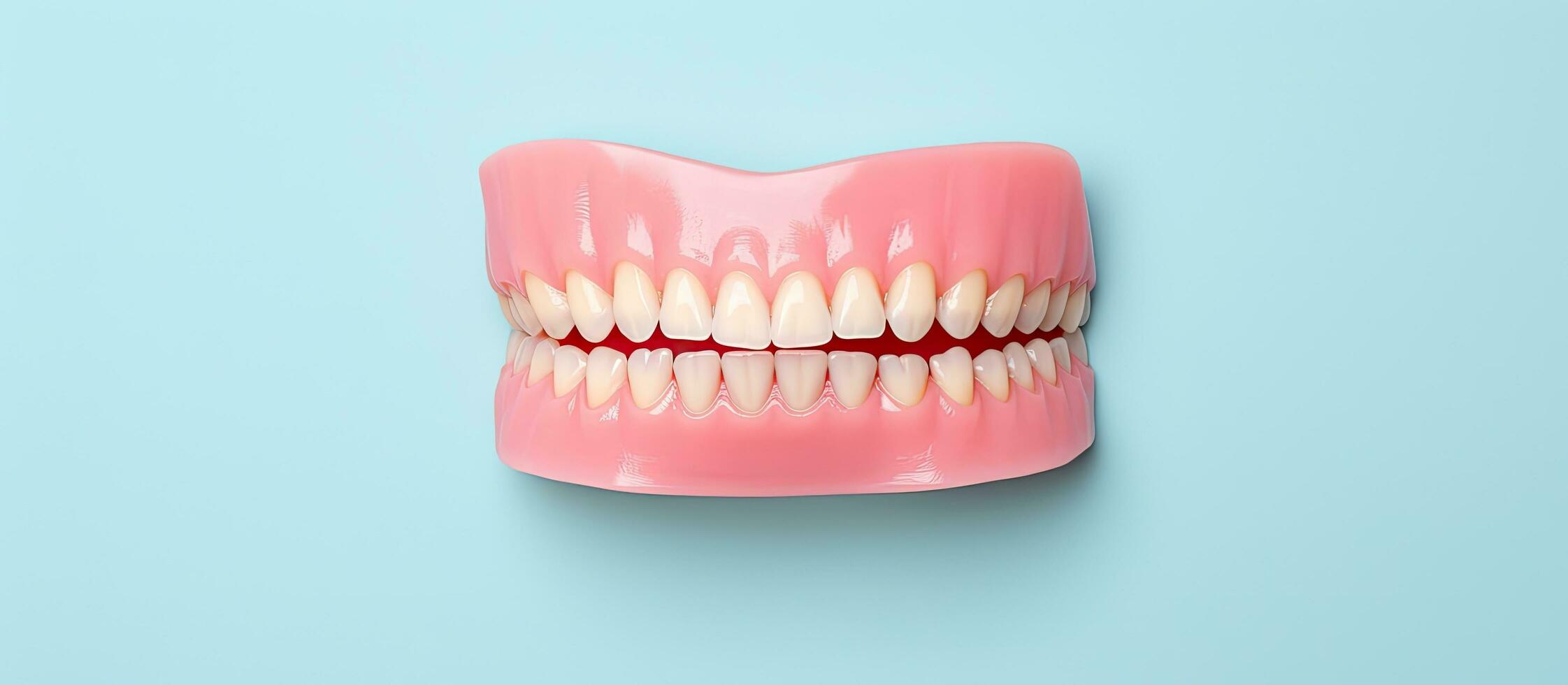 Photo of a pink toothbrush with white teeth on a blue background with copy space