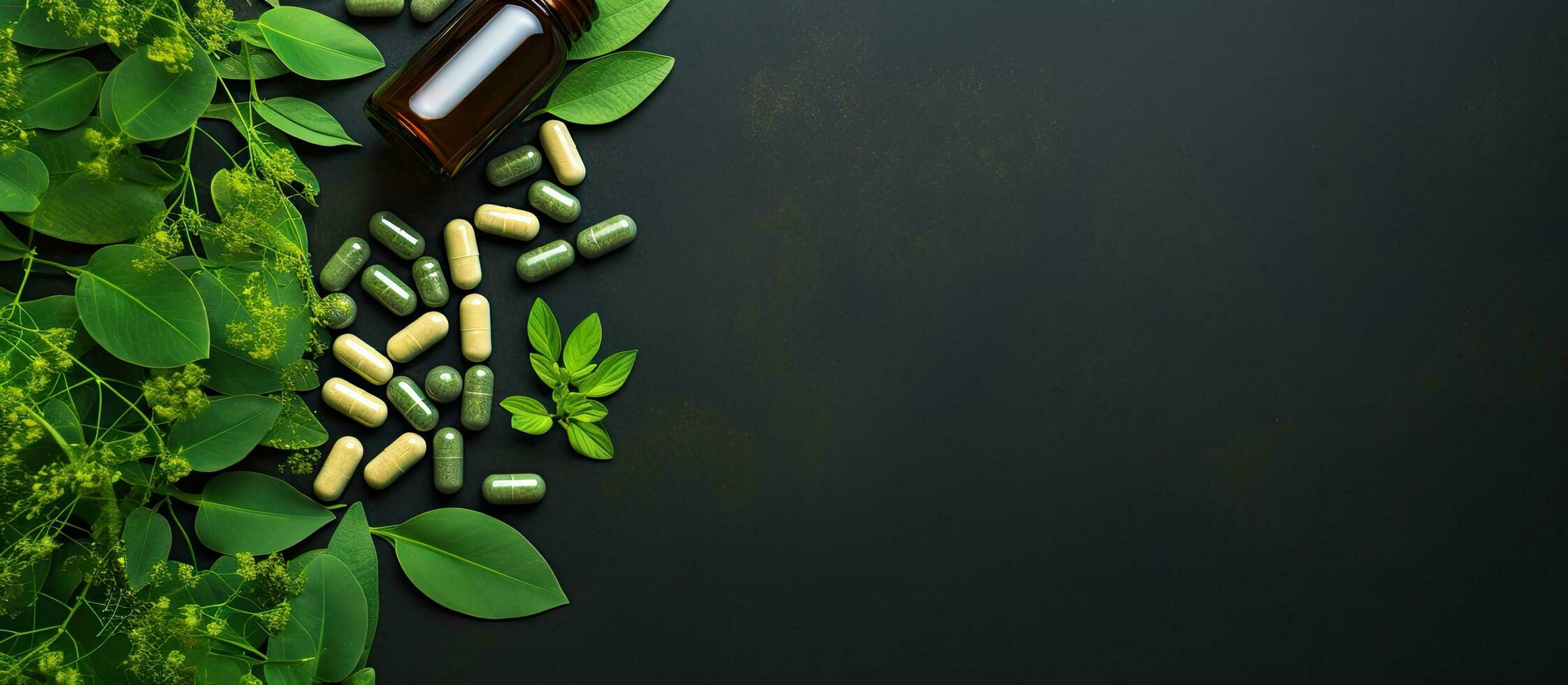 Photo of a bottle of pills on a bed of lush green leaves with plenty of space for text or design elements with copy space