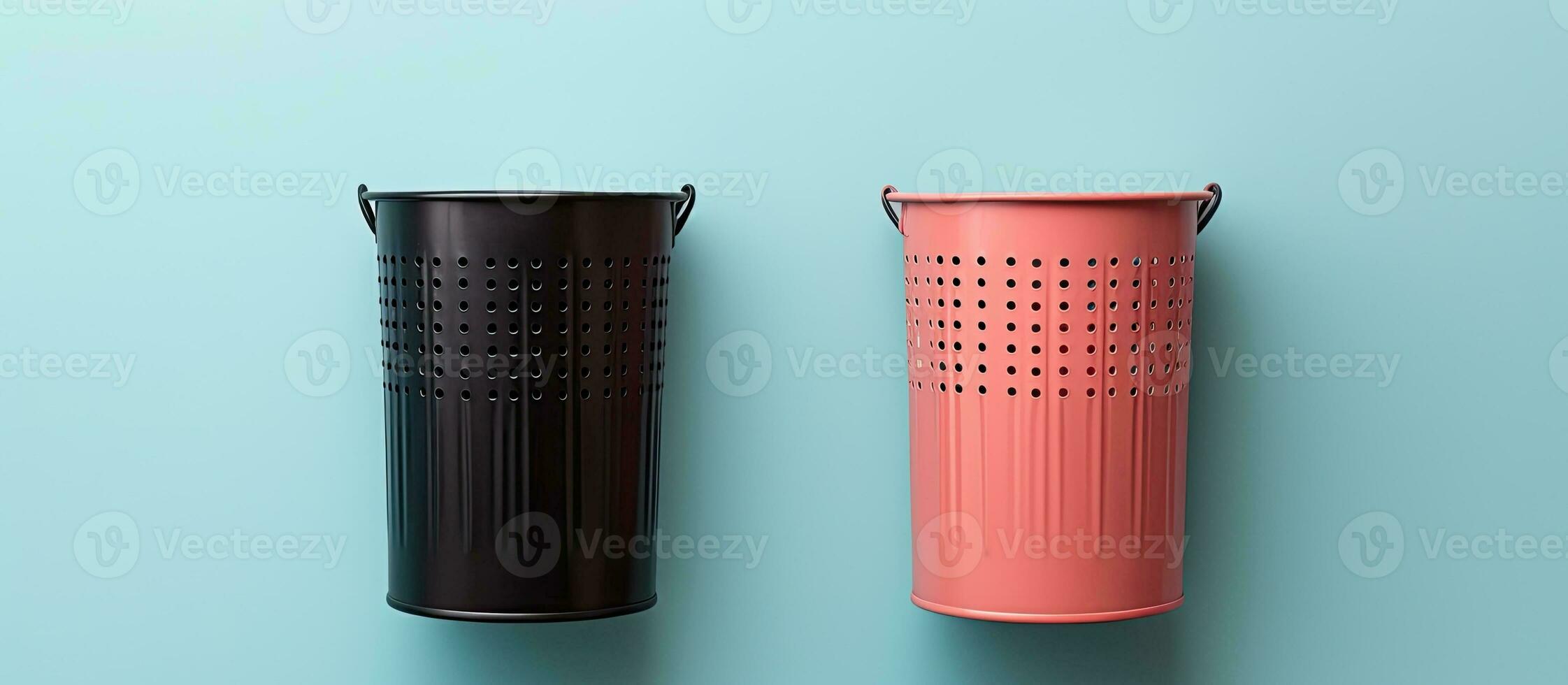 Photo of two trash cans side by side with empty space for text or design with copy space